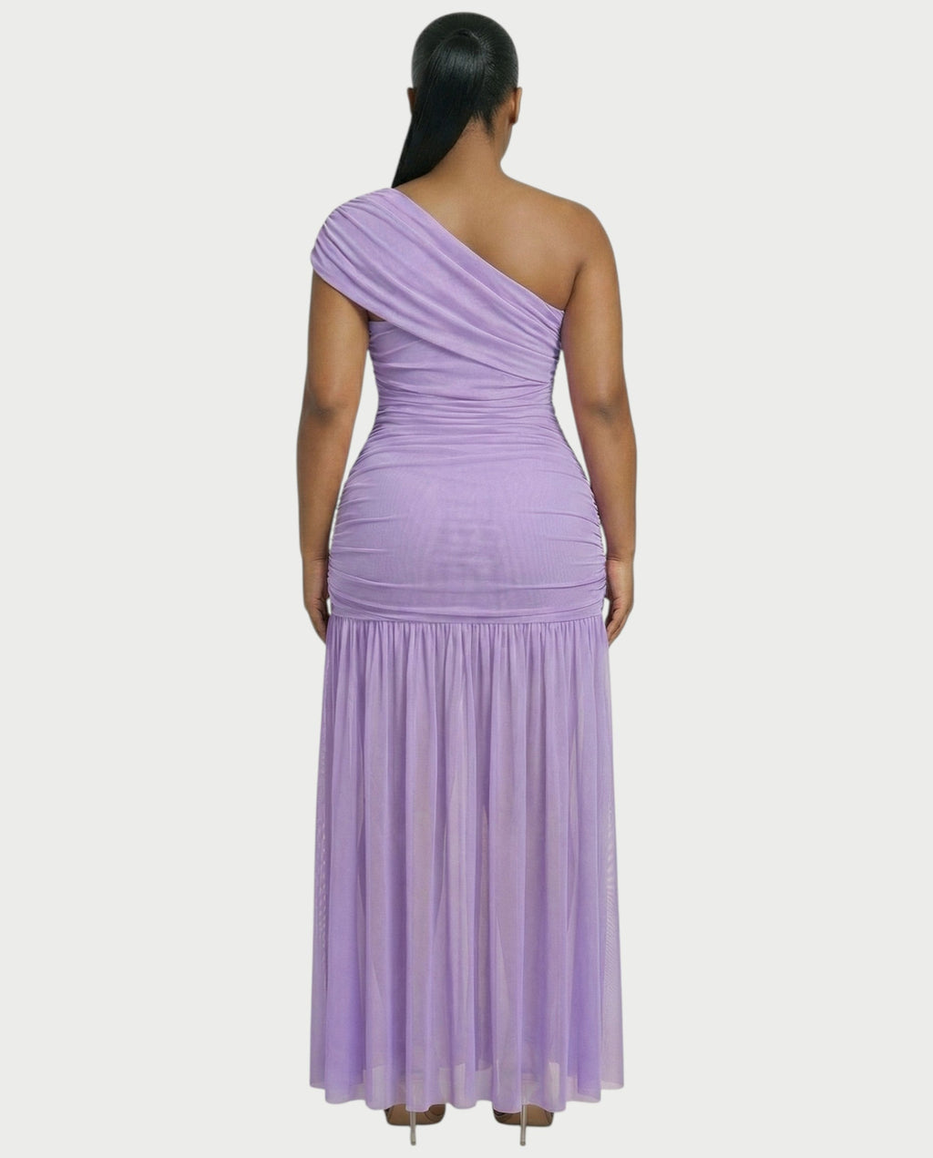VAREN One-Shoulder Ruched Mesh Maxi Dress