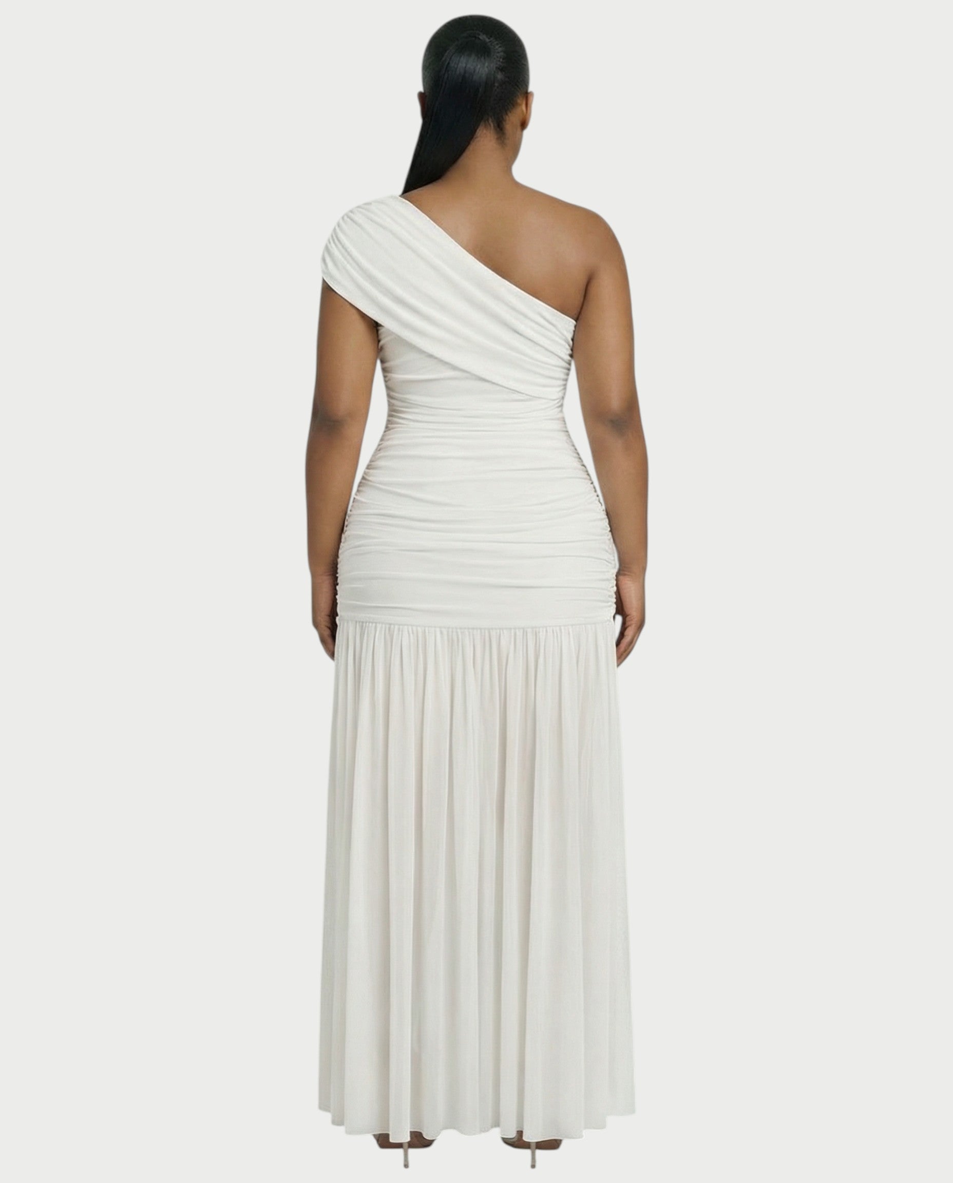 VAREN One-Shoulder Ruched Mesh Maxi Dress
