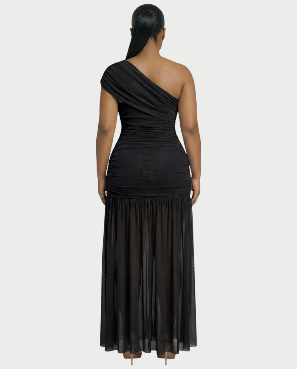 VAREN One-Shoulder Ruched Mesh Maxi Dress