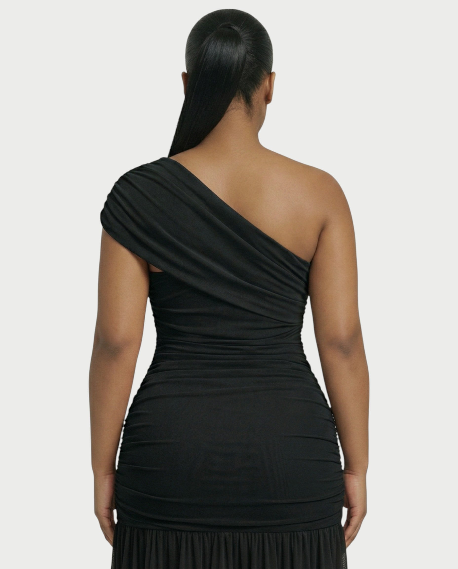 VAREN One-Shoulder Ruched Mesh Maxi Dress