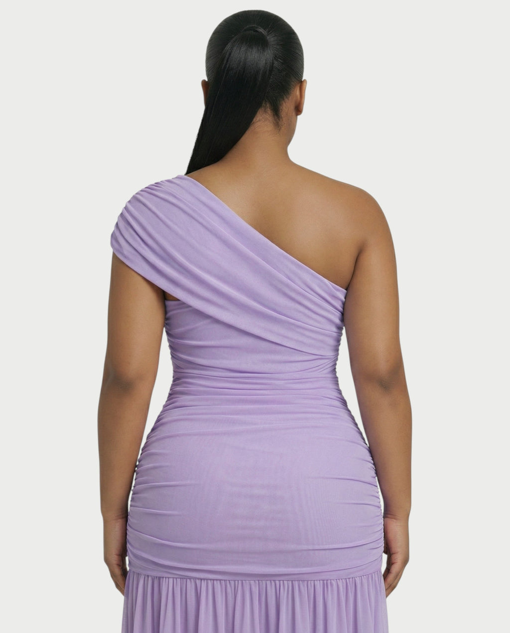 VAREN One-Shoulder Ruched Mesh Maxi Dress