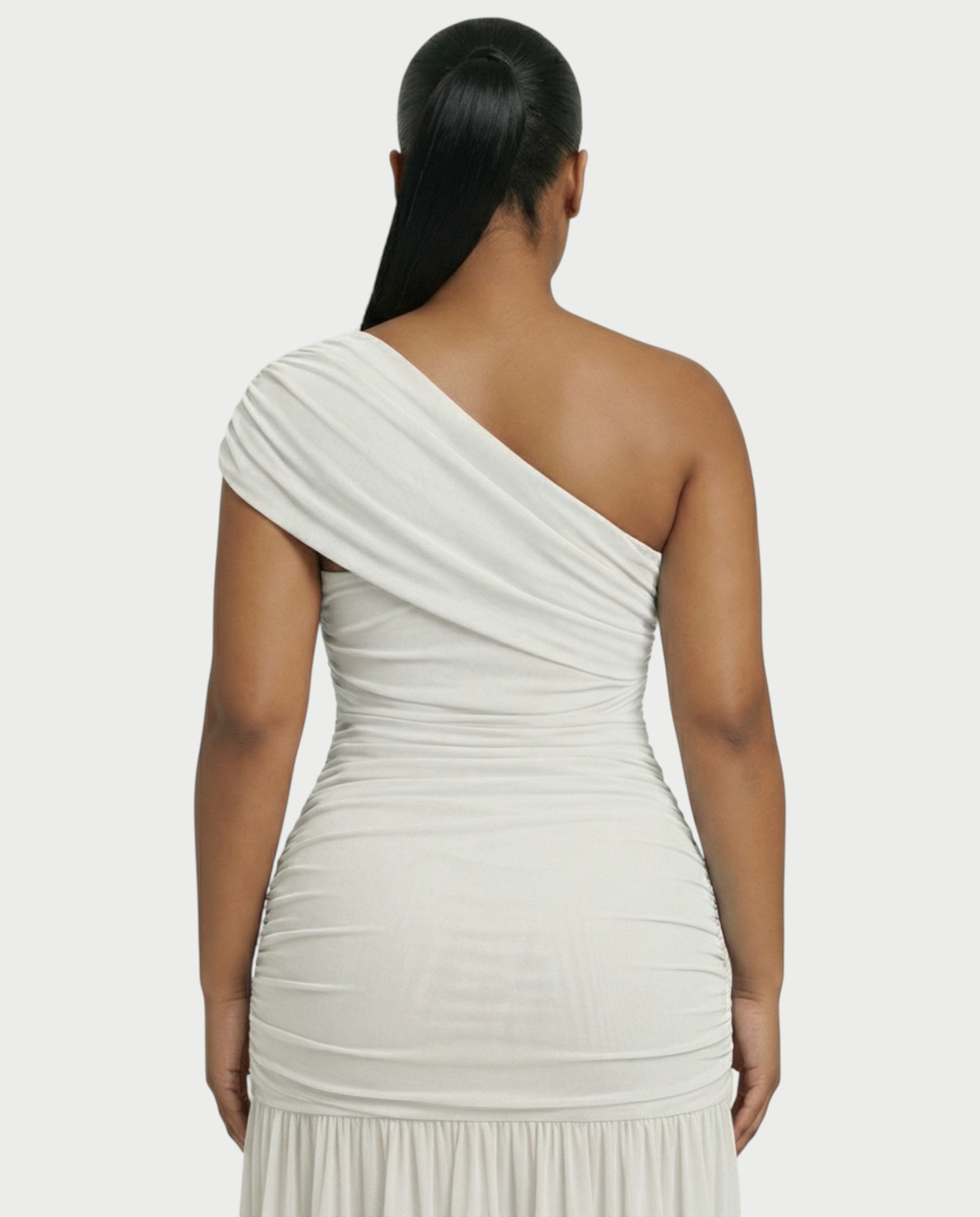 VAREN One-Shoulder Ruched Mesh Maxi Dress