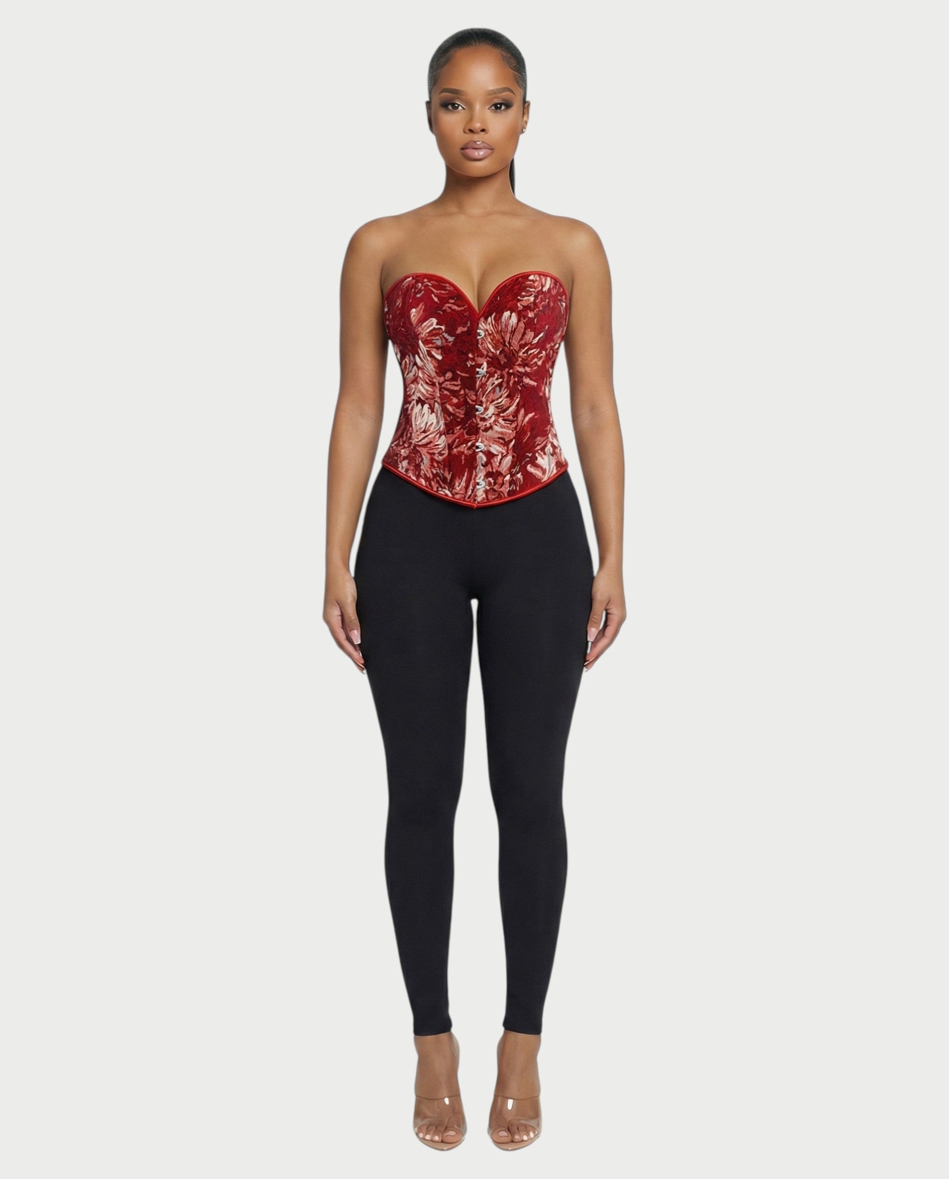 THEARA Ruby Red Floral Jacquard Corset Top