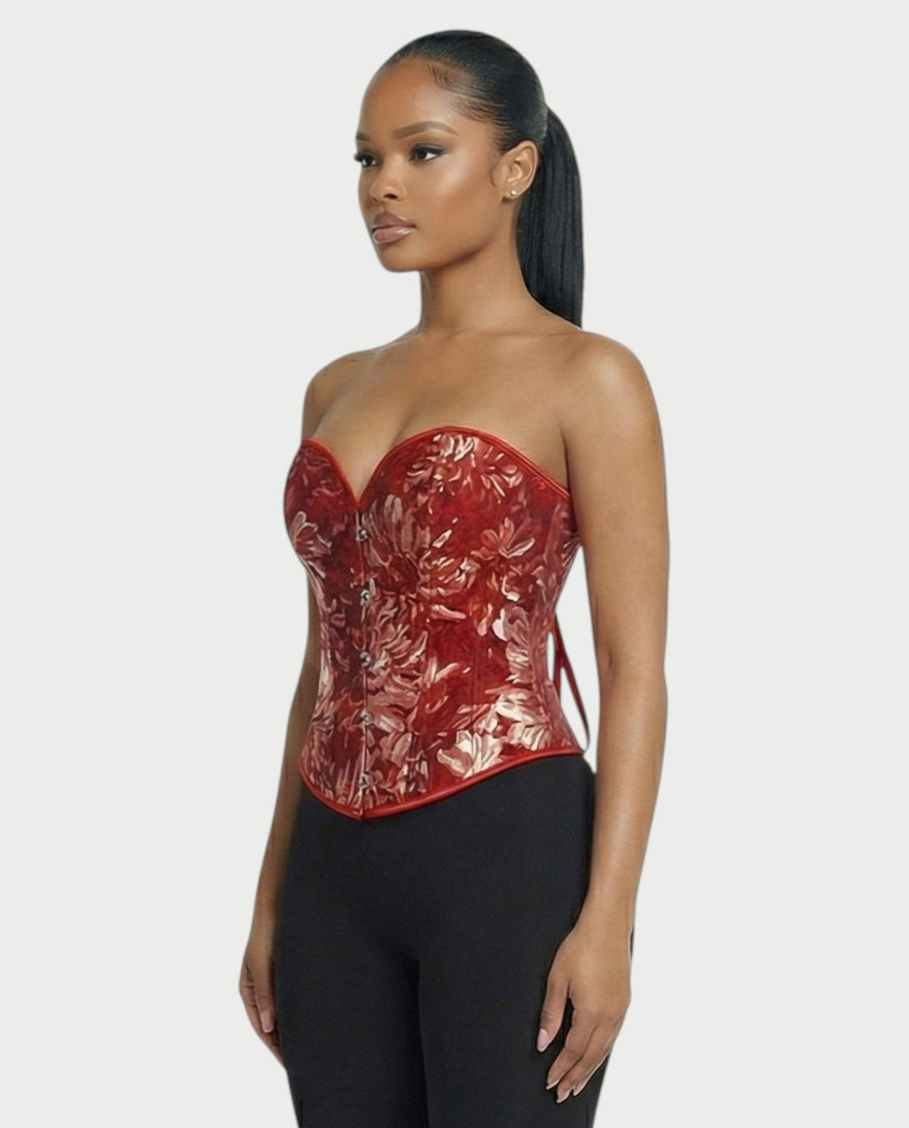THEARA Ruby Red Floral Jacquard Corset Top