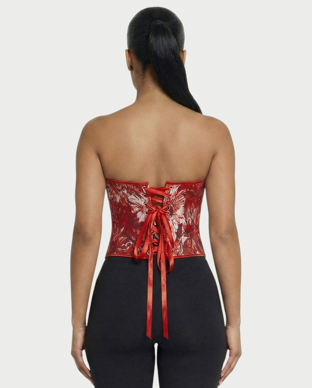 THEARA Ruby Red Floral Jacquard Corset Top