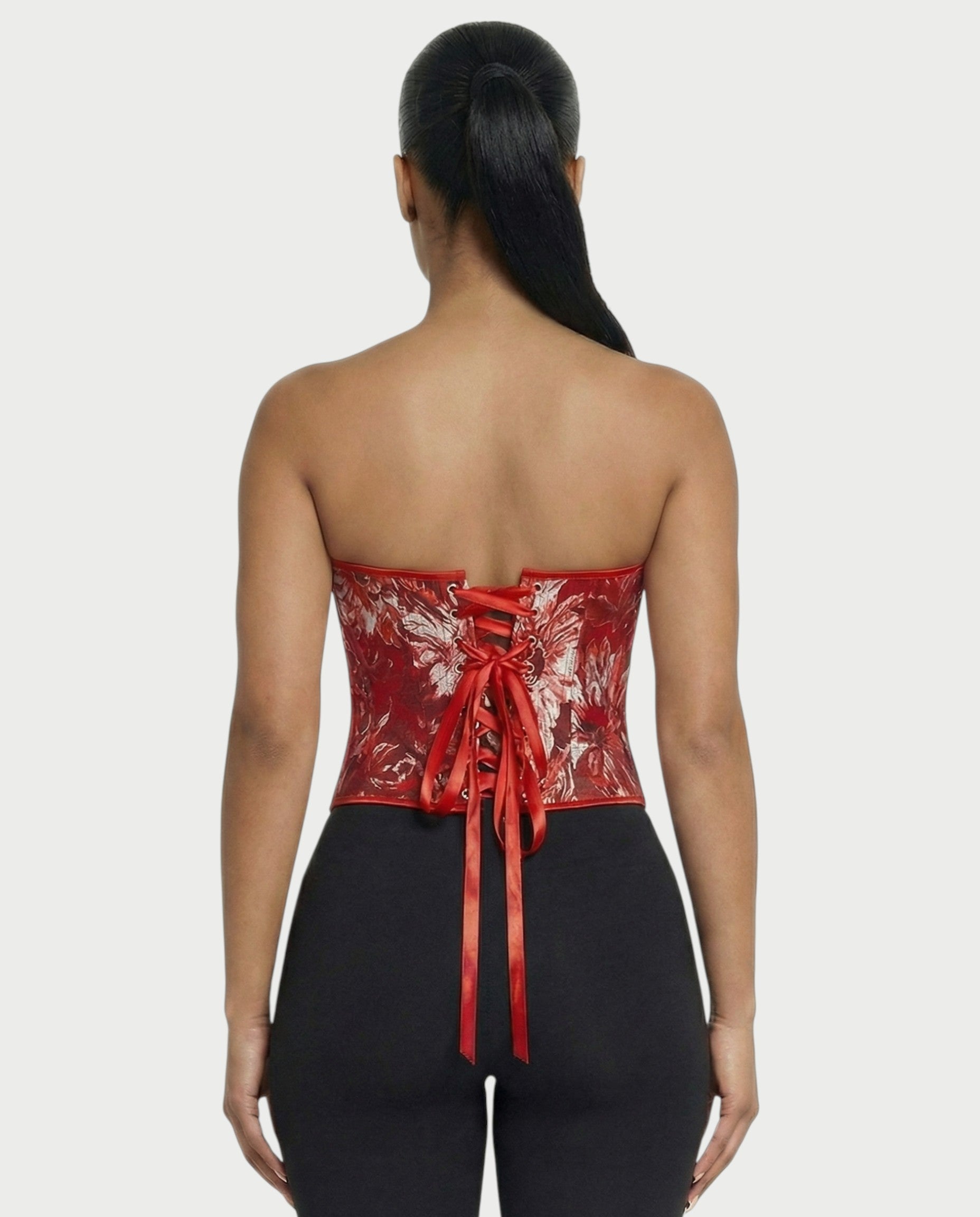 THEARA Ruby Red Floral Jacquard Corset Top