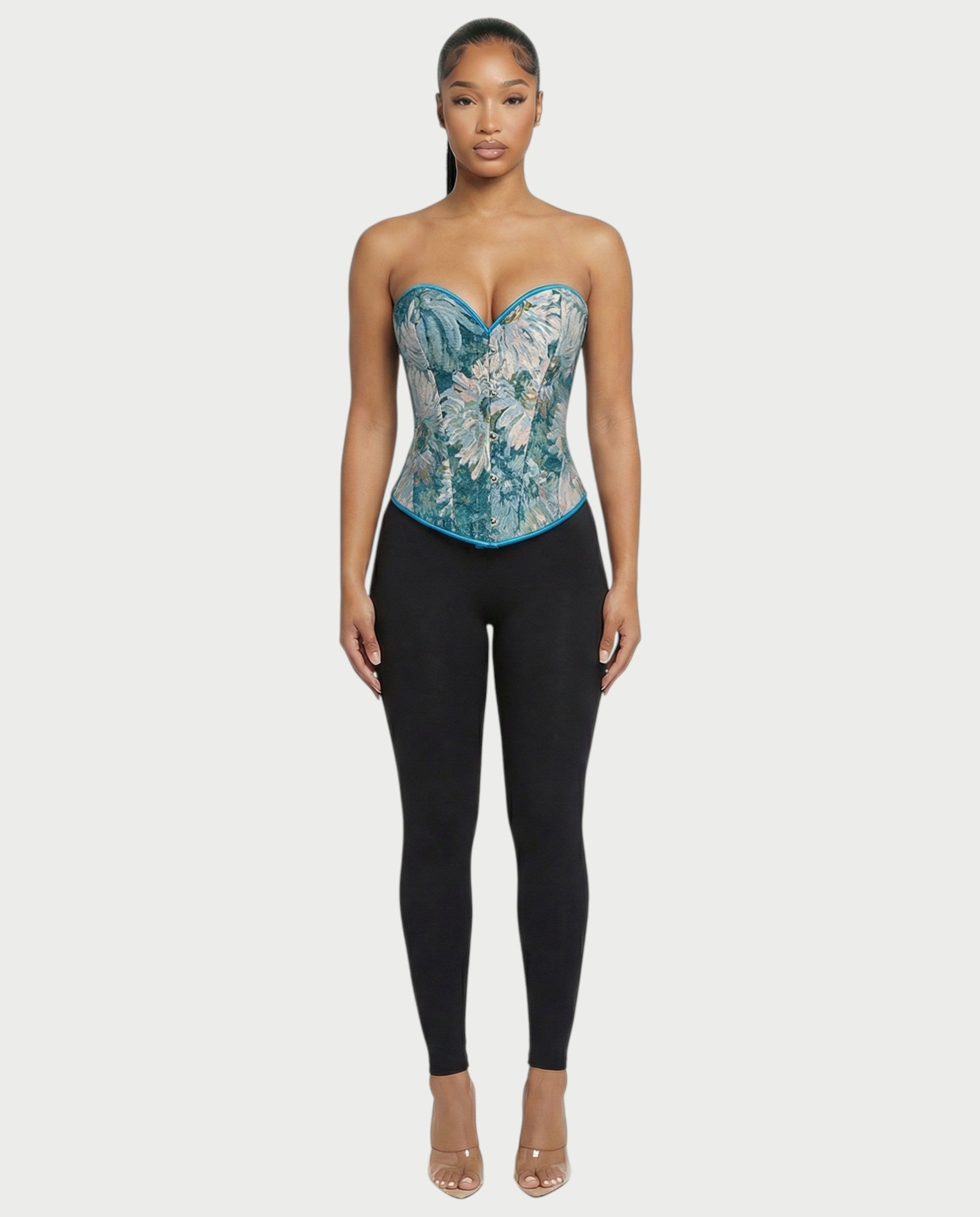 FELINE Teal Floral Tapestry Corset Top