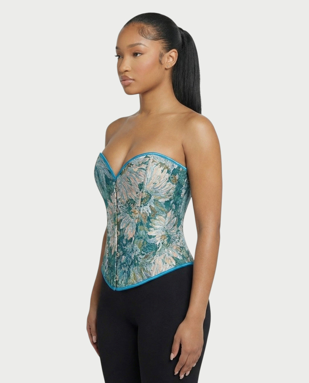 FELINE Teal Floral Tapestry Corset Top