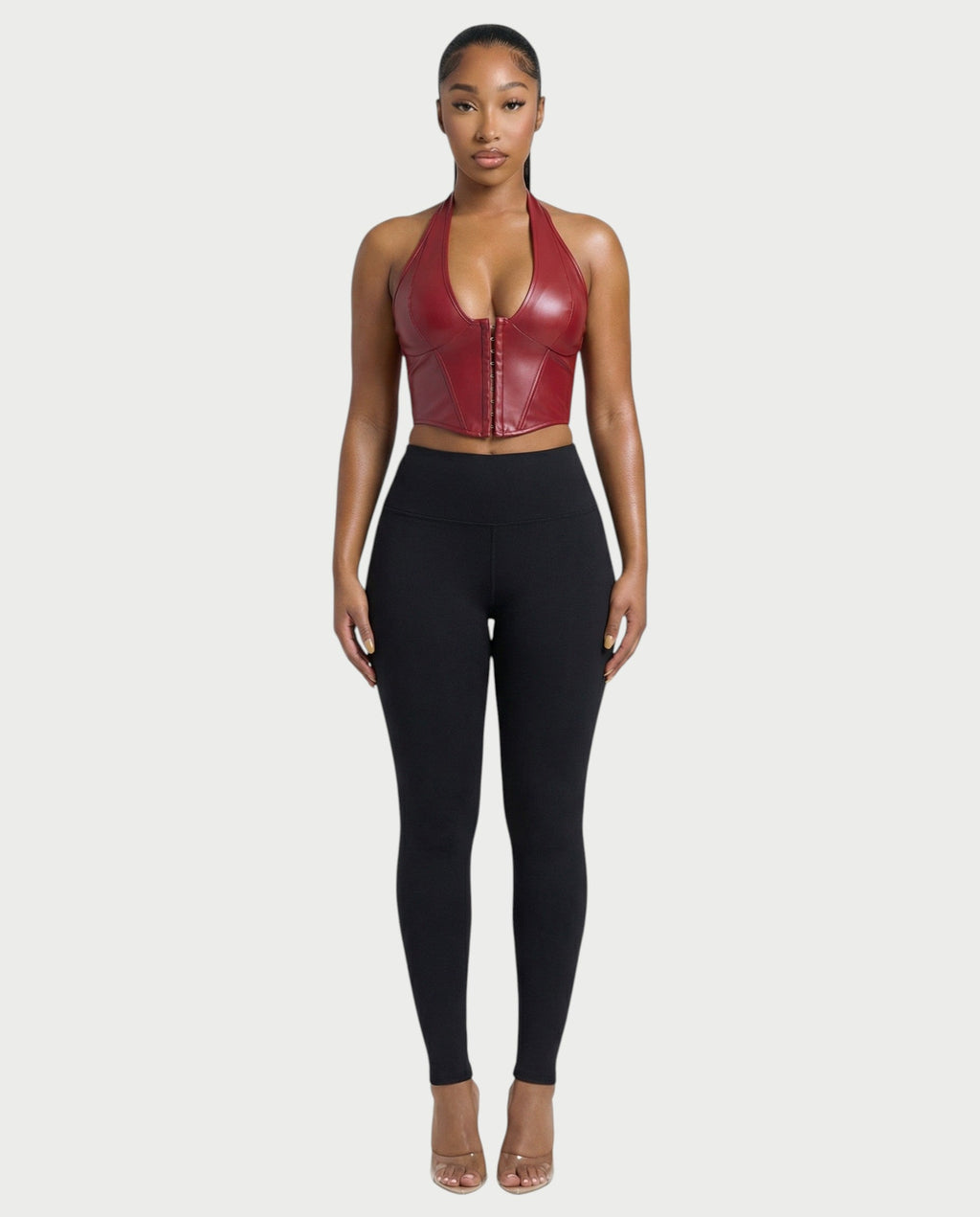VERLYN Faux Leather Halter Neck Corset Top