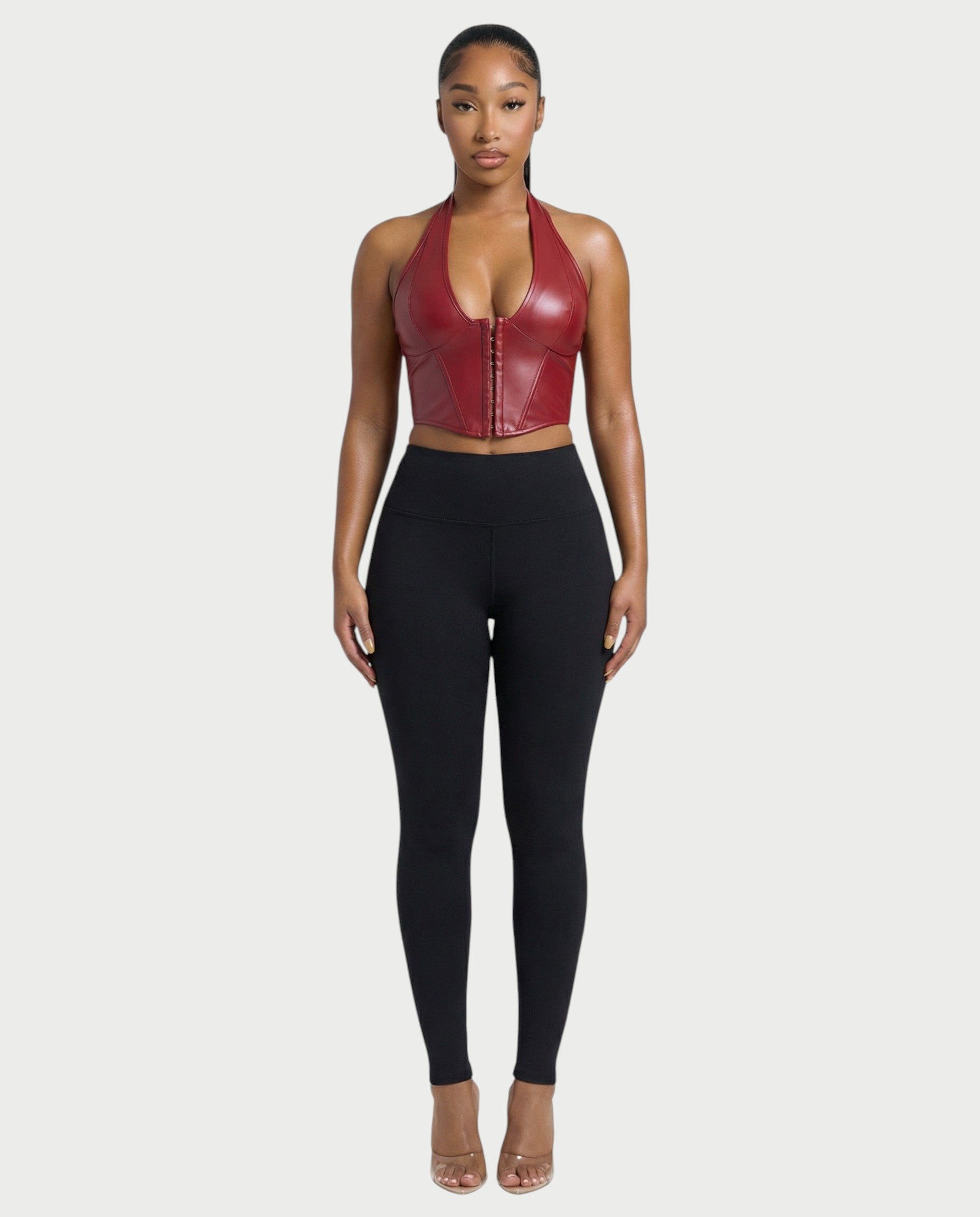 VERLYN Faux Leather Halter Neck Corset Top