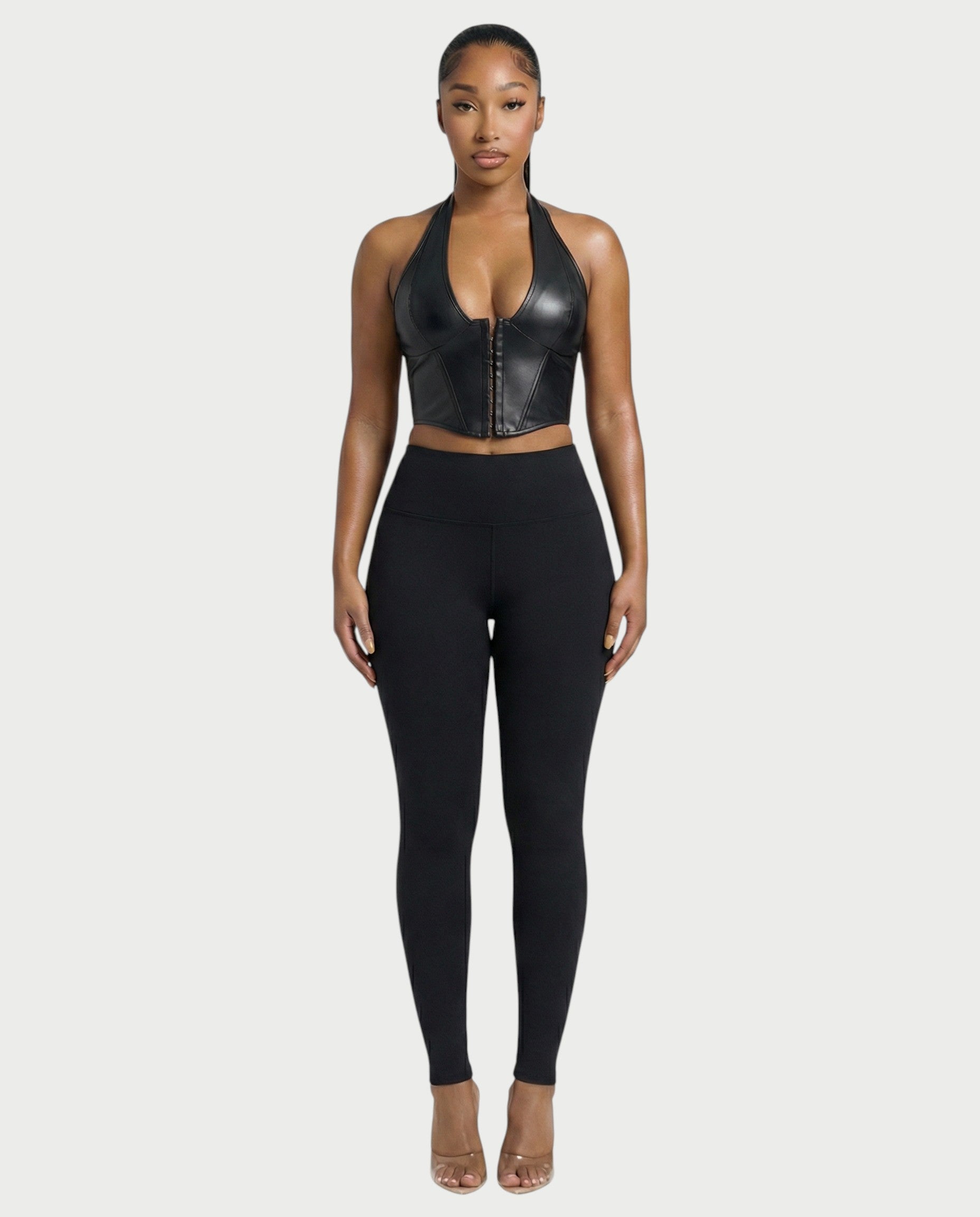 VERLYN Faux Leather Halter Neck Corset Top