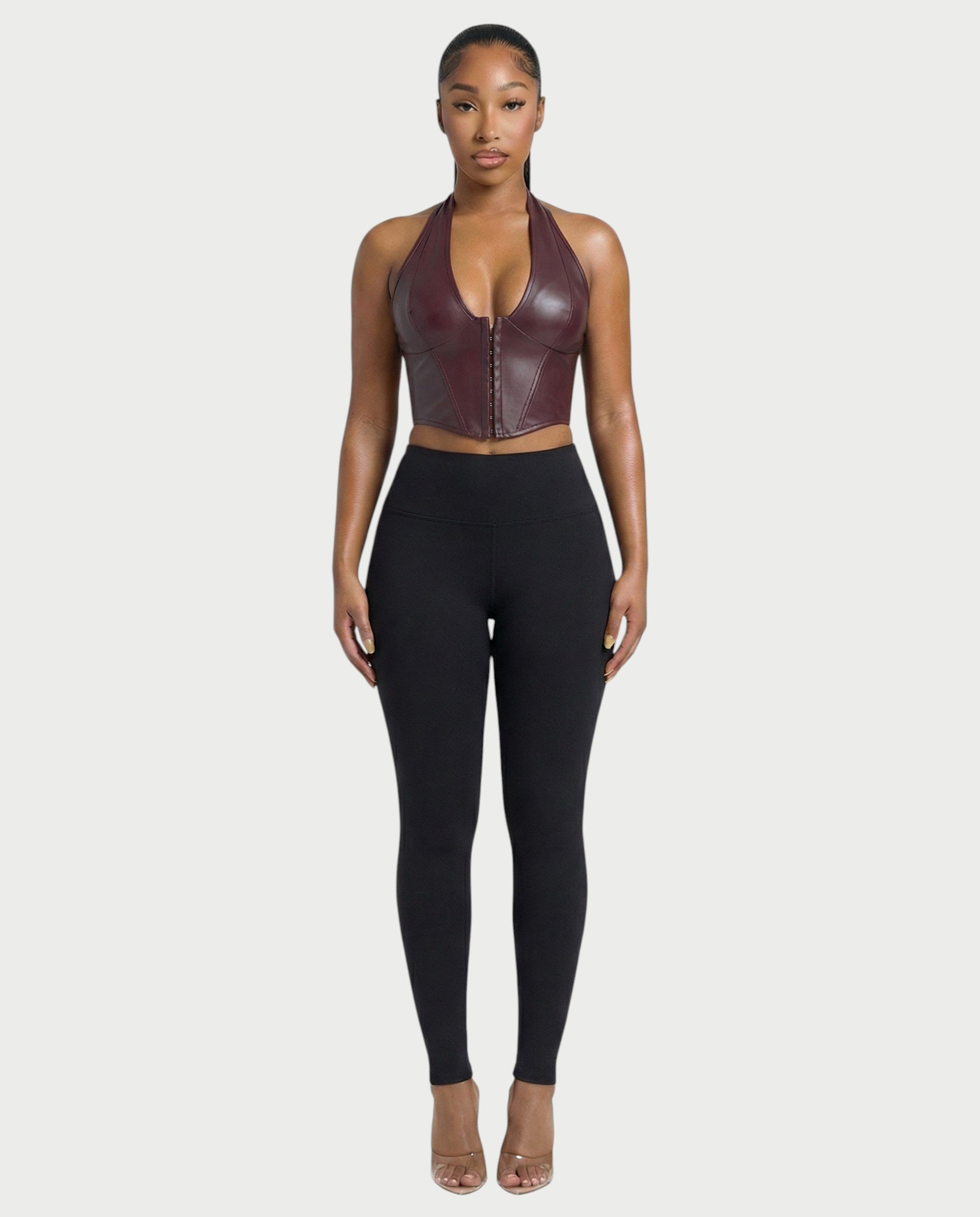 VERLYN Faux Leather Halter Neck Corset Top