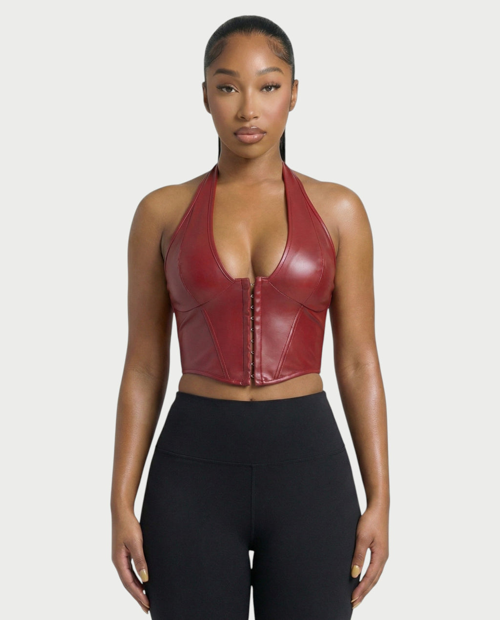 VERLYN Faux Leather Halter Neck Corset Top