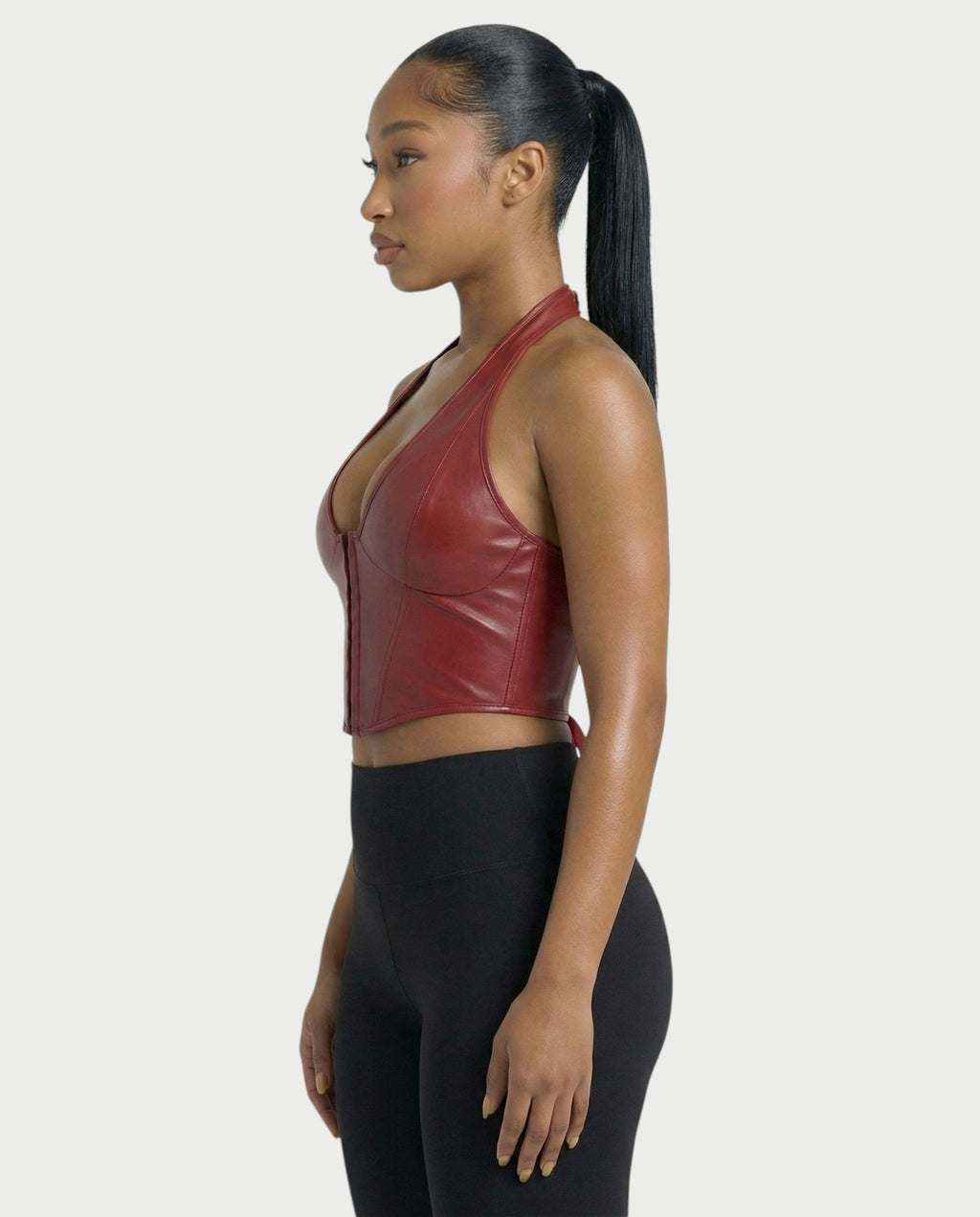 VERLYN Faux Leather Halter Neck Corset Top