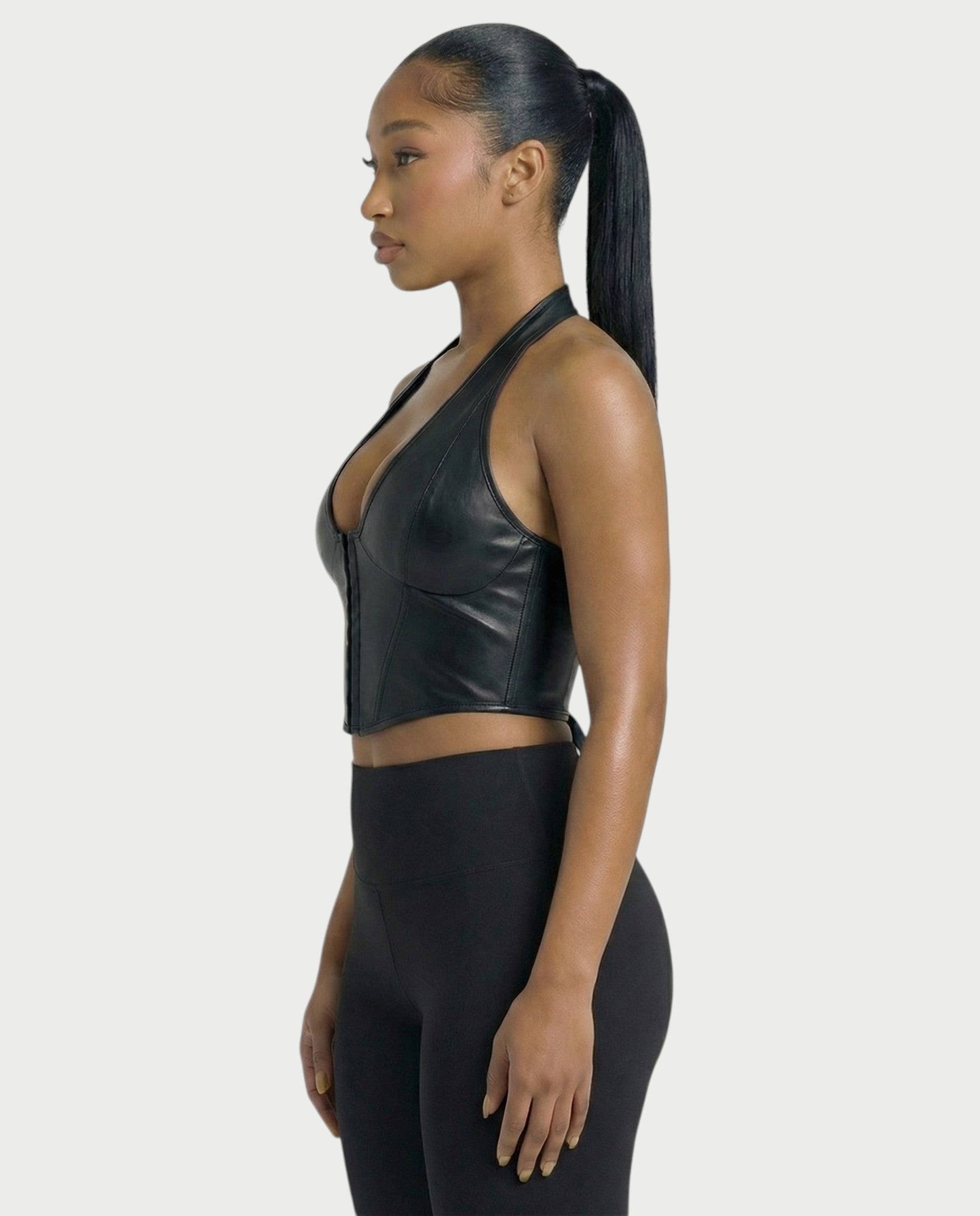 VERLYN Faux Leather Halter Neck Corset Top