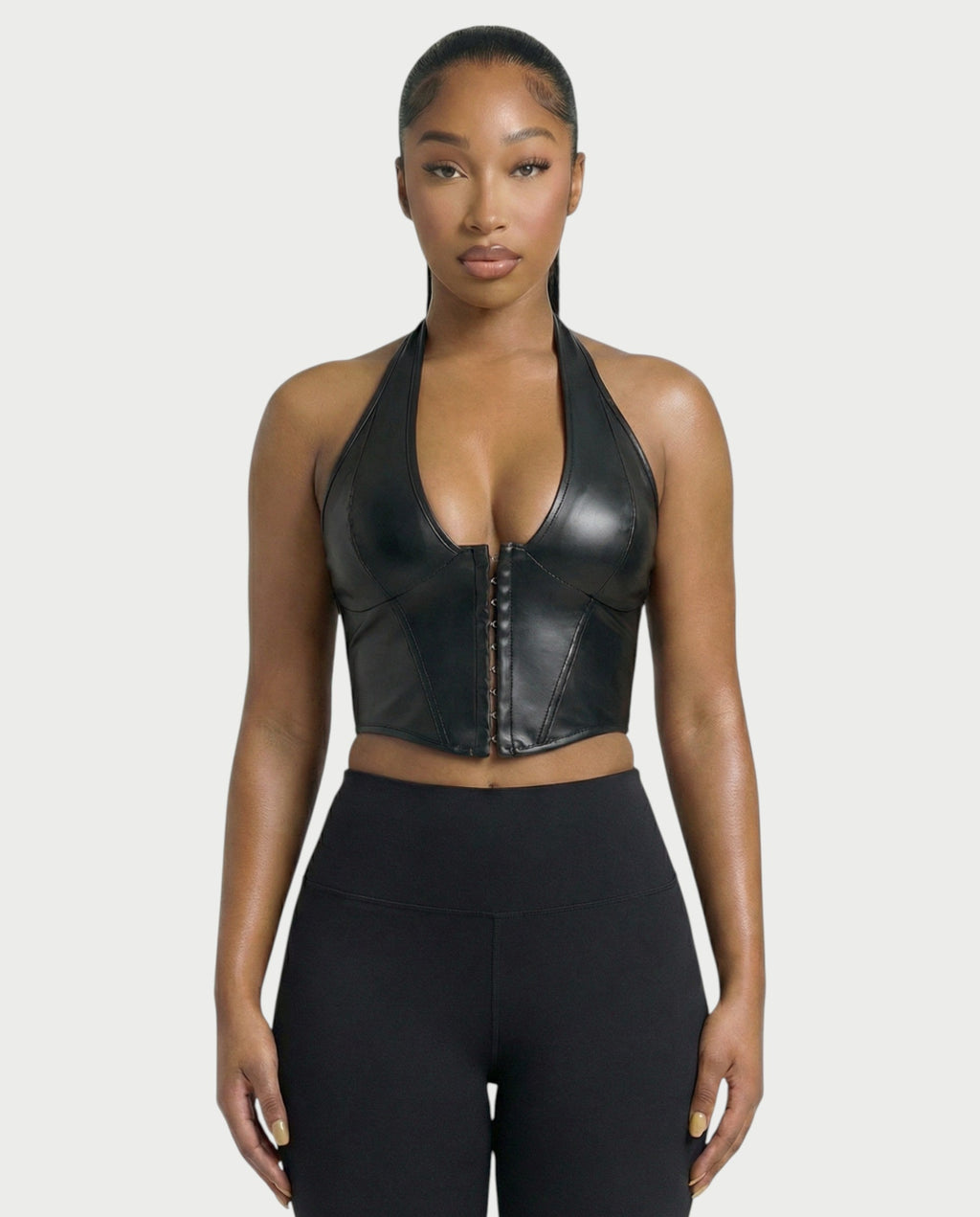 VERLYN Faux Leather Halter Neck Corset Top