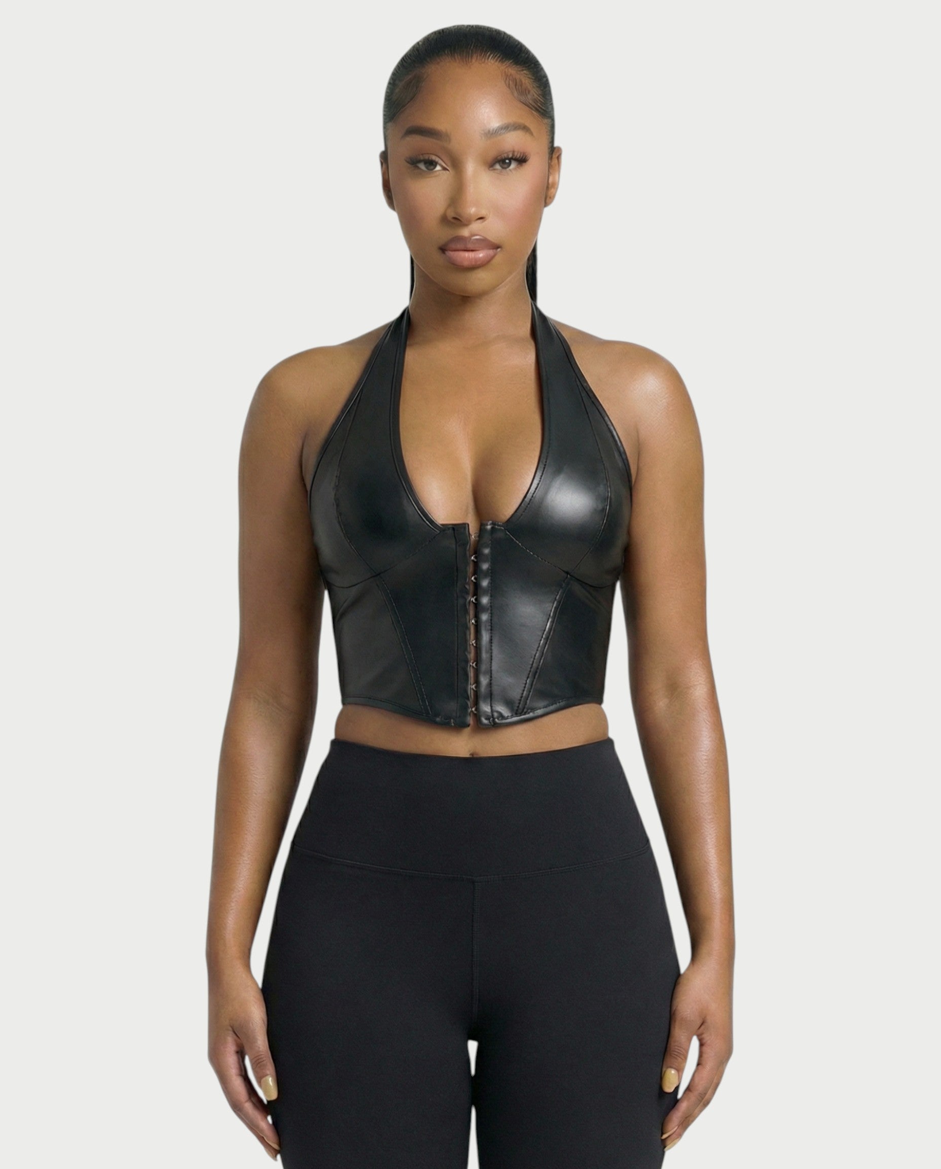 VERLYN Faux Leather Halter Neck Corset Top