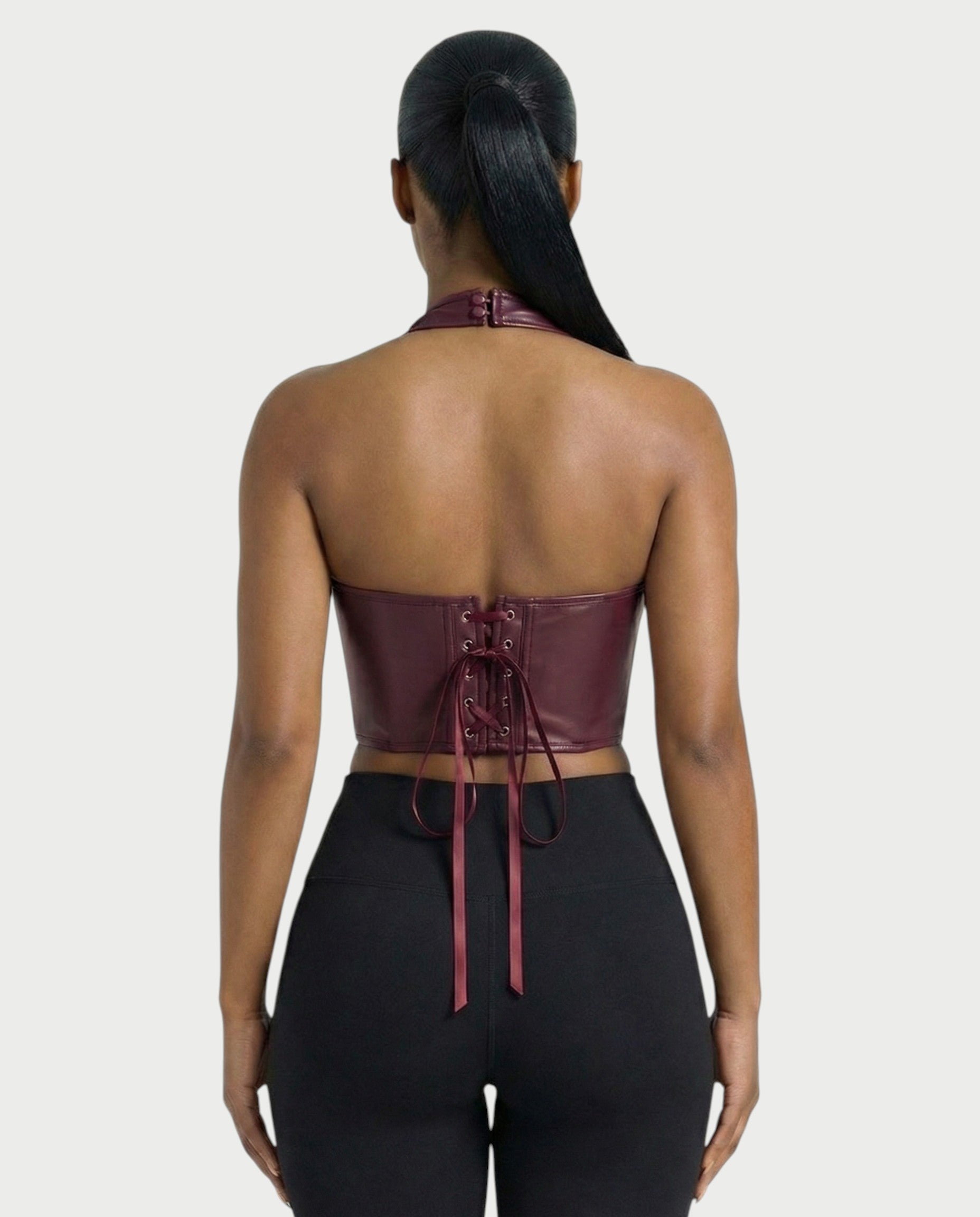 VERLYN Faux Leather Halter Neck Corset Top