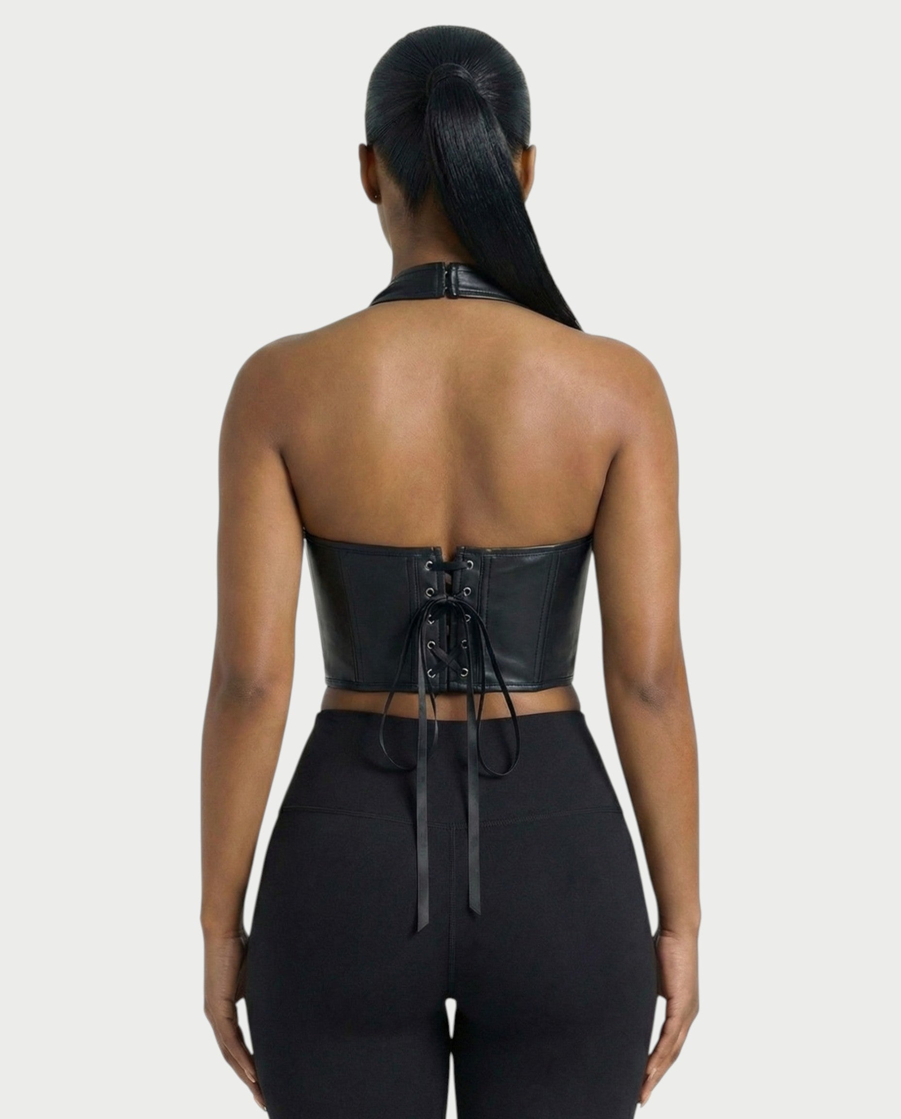 VERLYN Faux Leather Halter Neck Corset Top
