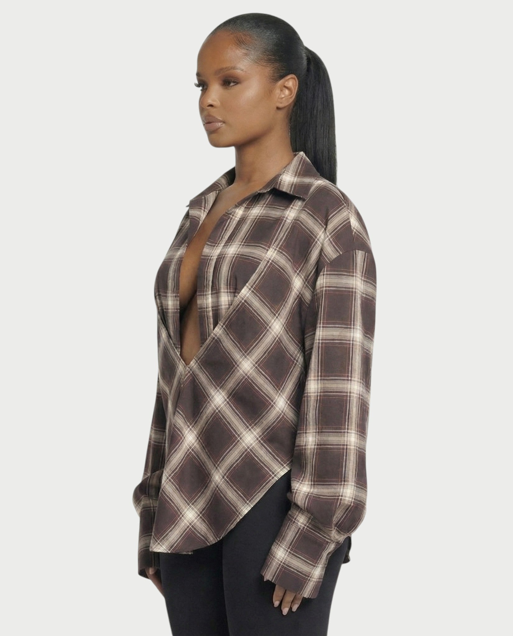 GENNA Oversized High Slit Hem Plaid Top