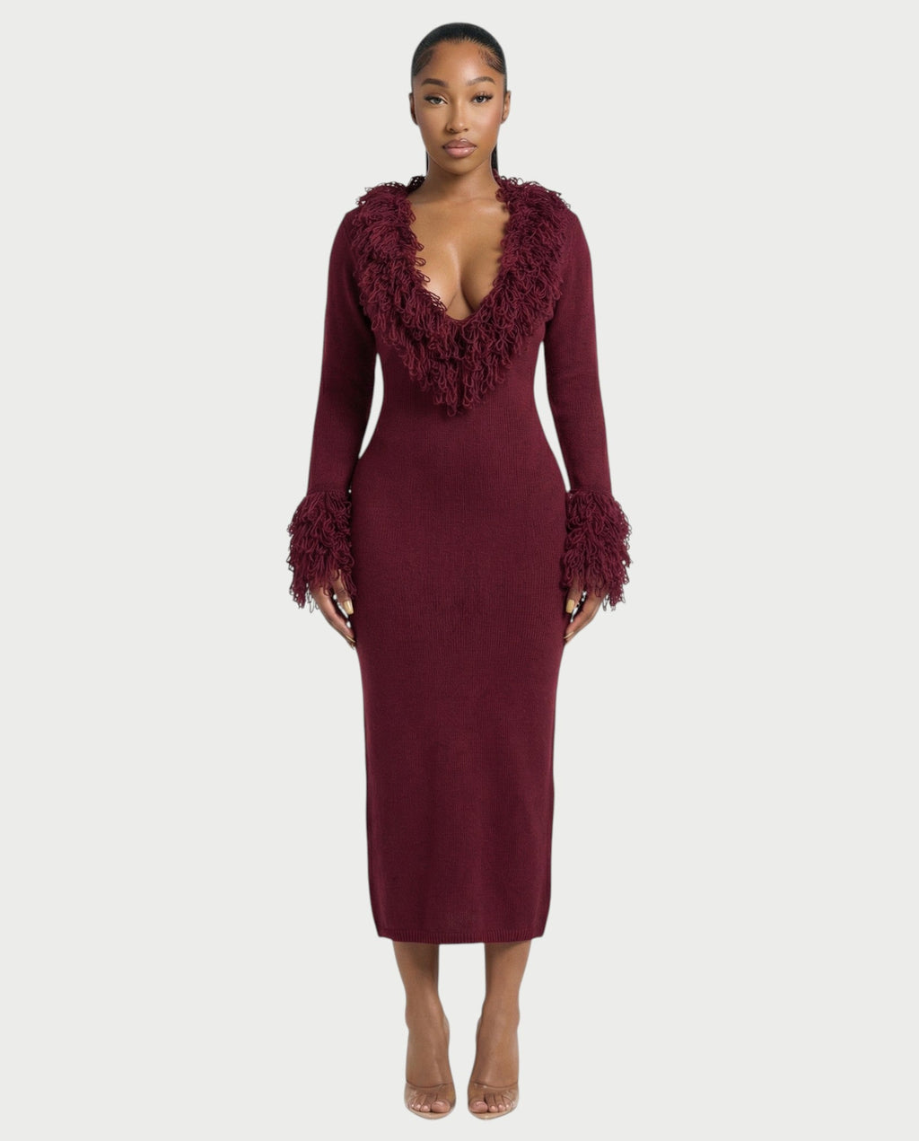 LIRRA Deep-Plunge Fringe Trim Midi Dress