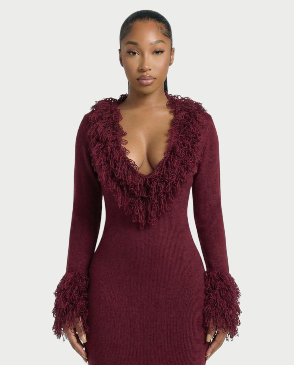 LIRRA Deep-Plunge Fringe Trim Midi Dress