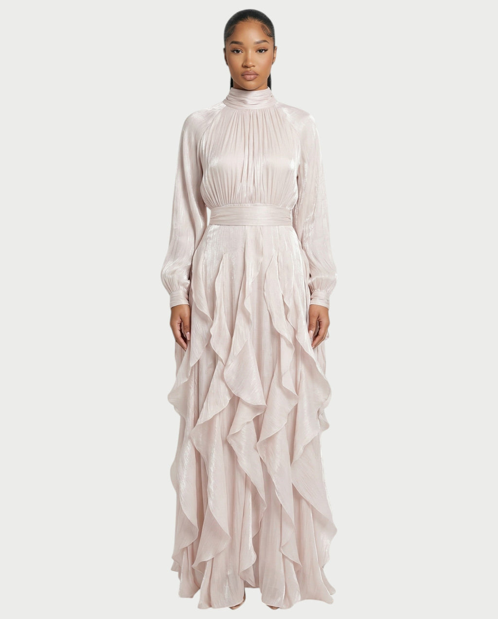 ELMA High-Neck Draped Ruffle Maxi Dress