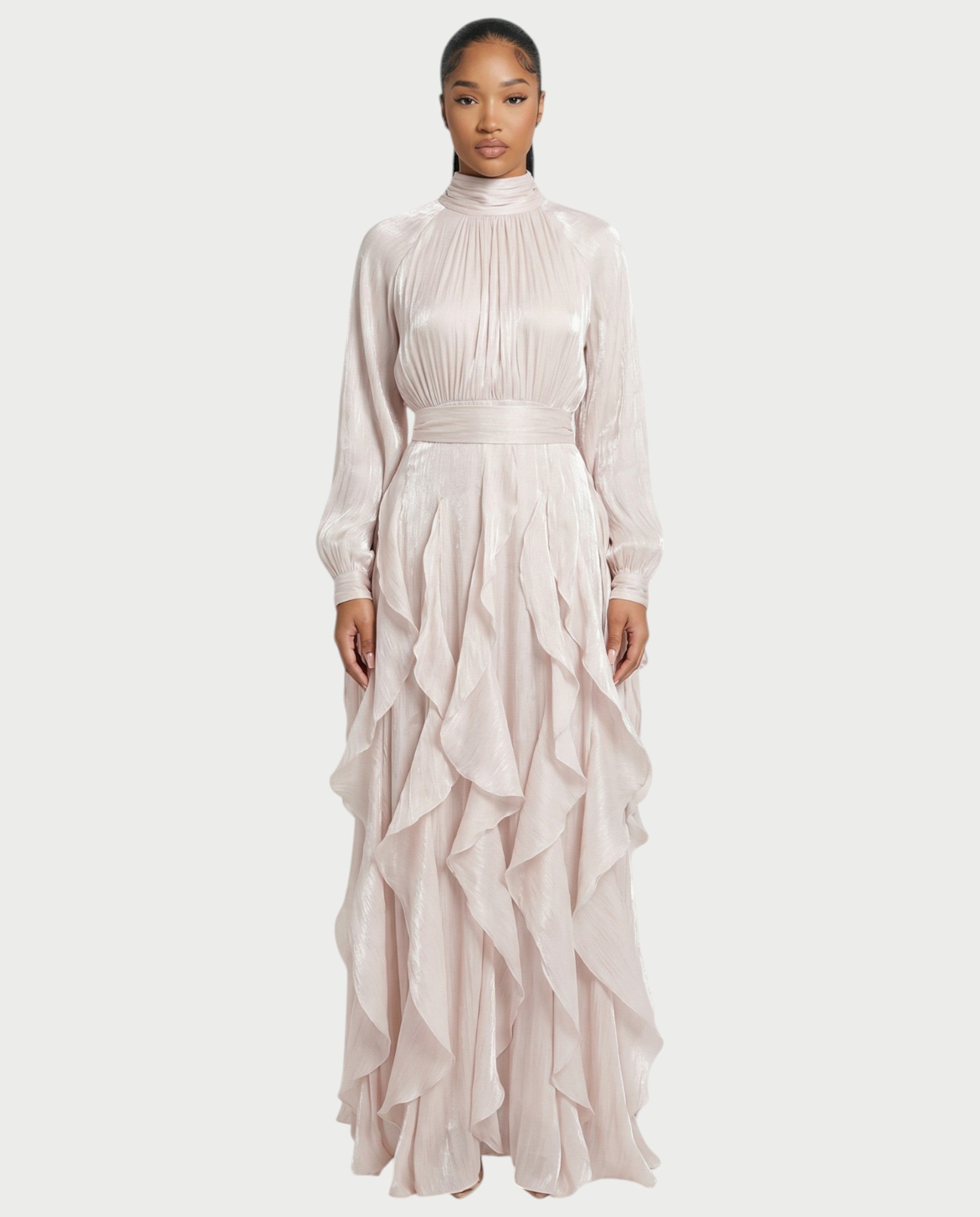 ELMA High-Neck Draped Ruffle Maxi Dress