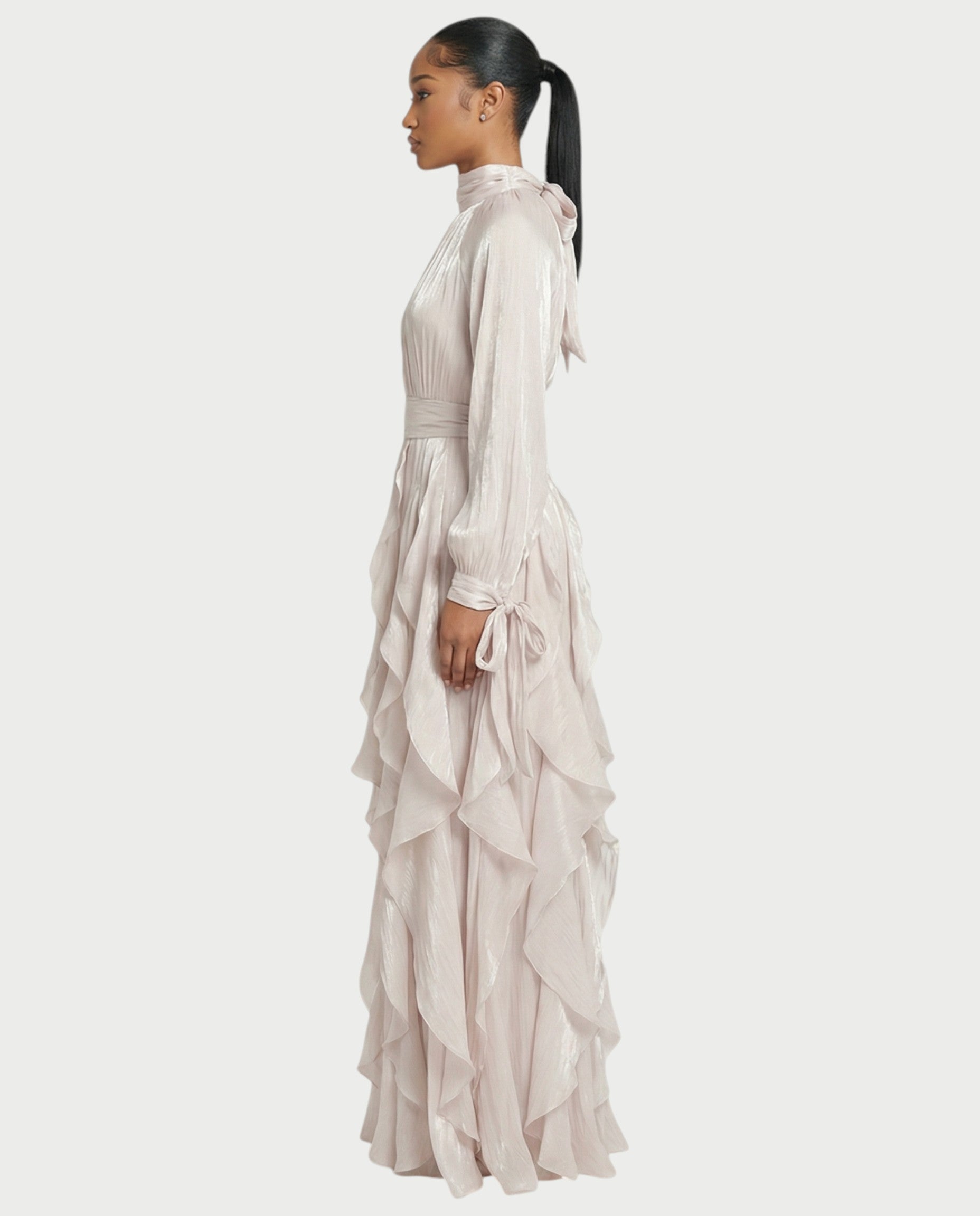 ELMA High-Neck Draped Ruffle Maxi Dress
