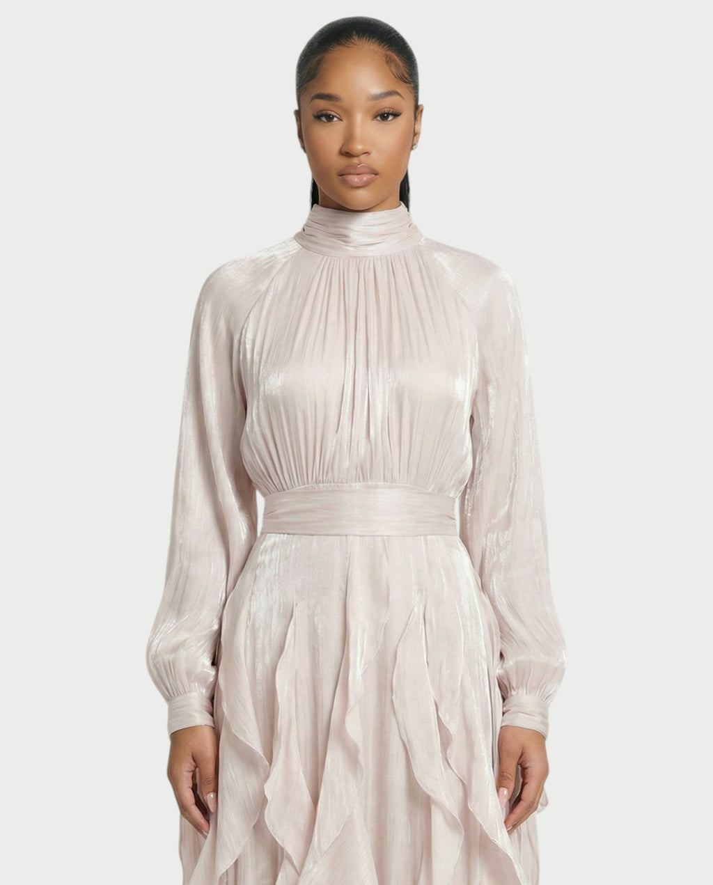 ELMA High-Neck Draped Ruffle Maxi Dress