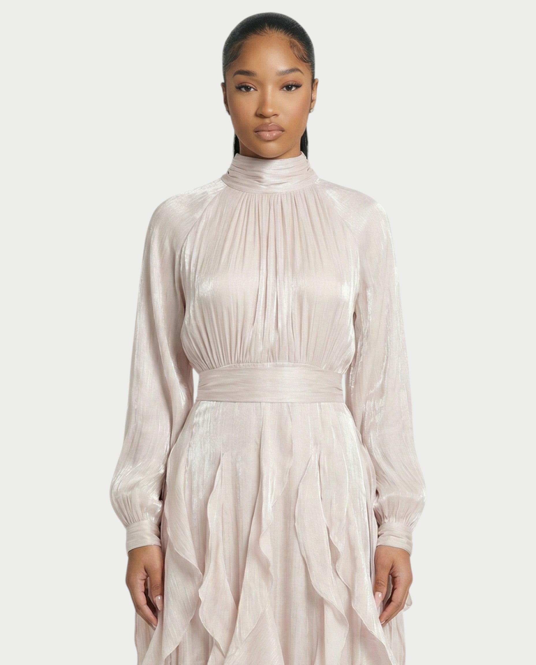 ELMA High-Neck Draped Ruffle Maxi Dress