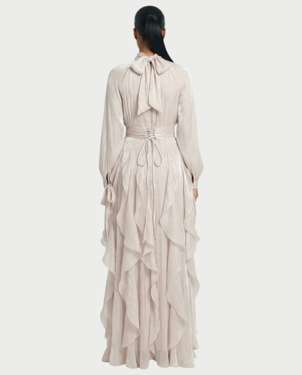 ELMA High-Neck Draped Ruffle Maxi Dress