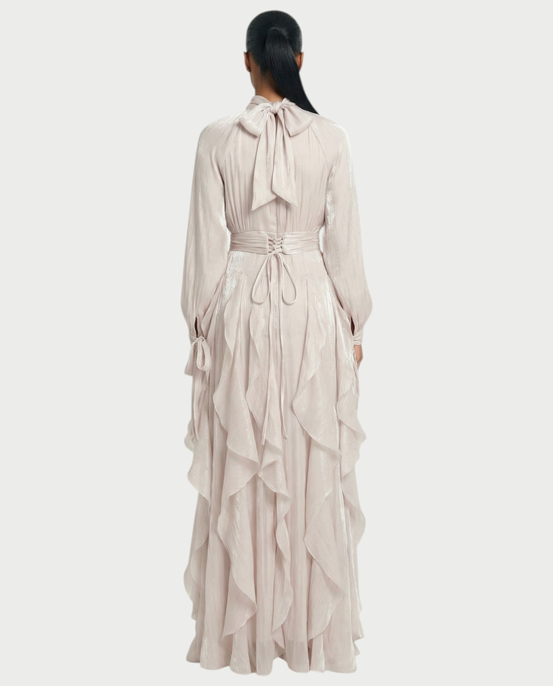 ELMA High-Neck Draped Ruffle Maxi Dress