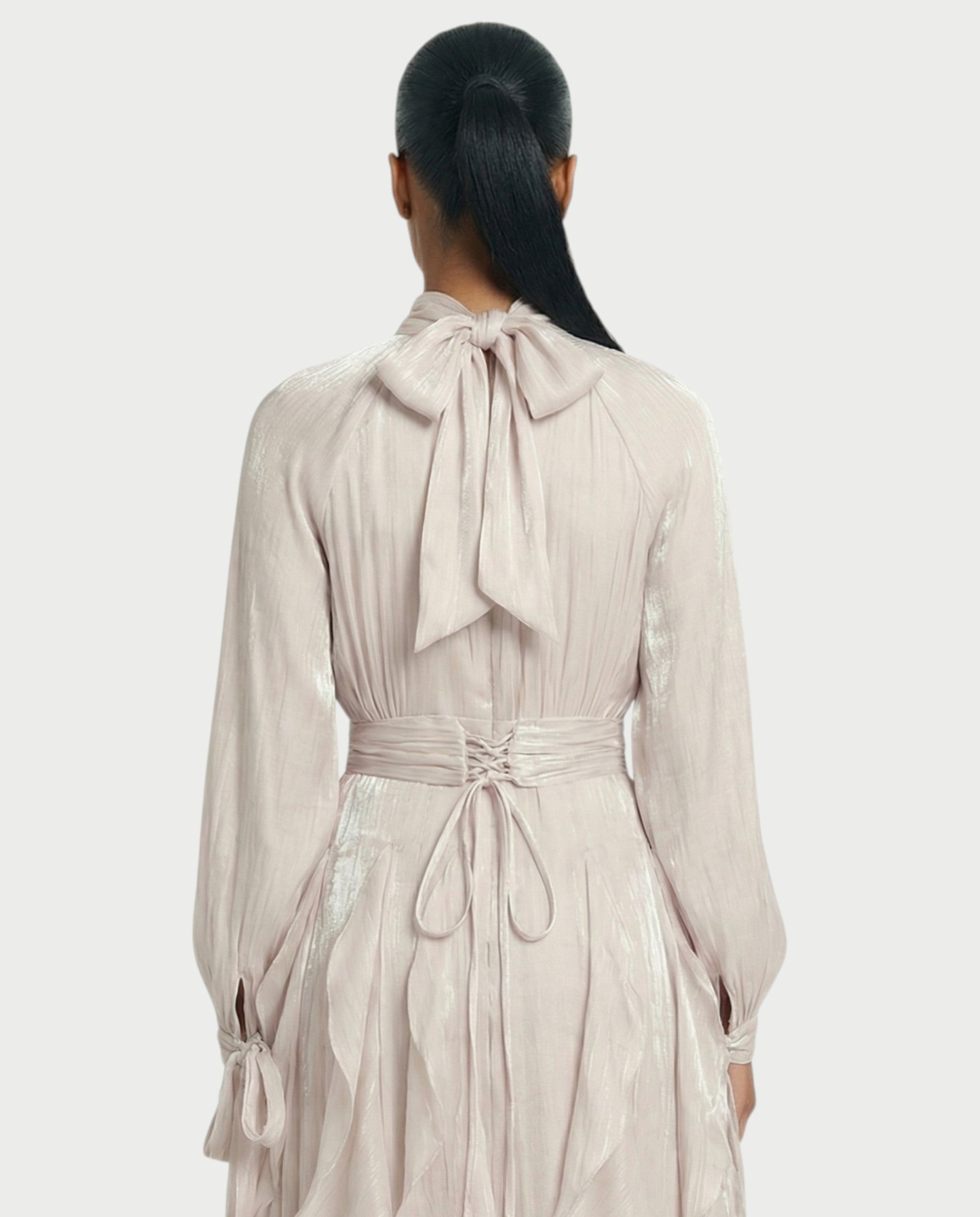 ELMA High-Neck Draped Ruffle Maxi Dress