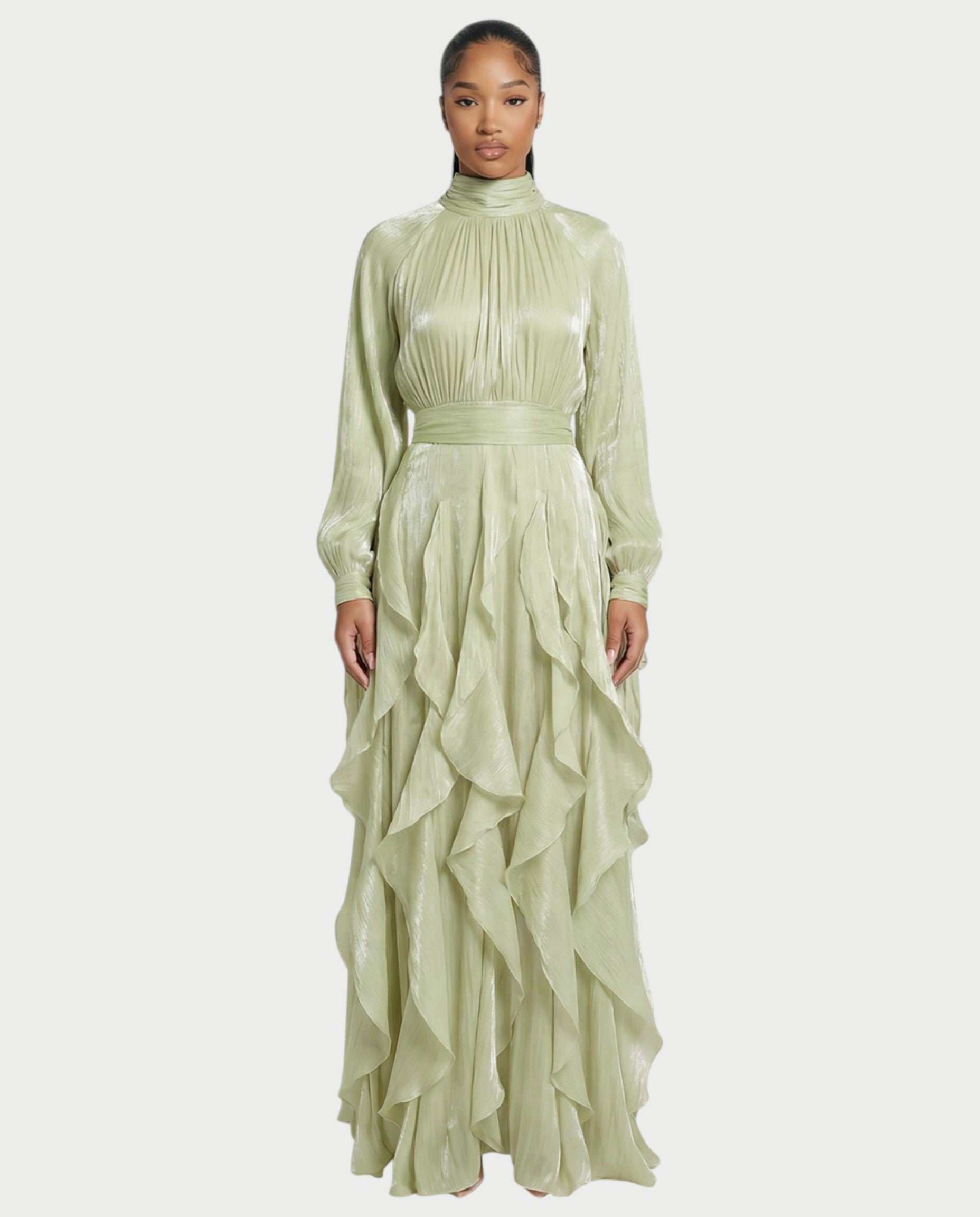 ELMA High-Neck Draped Ruffle Maxi Dress