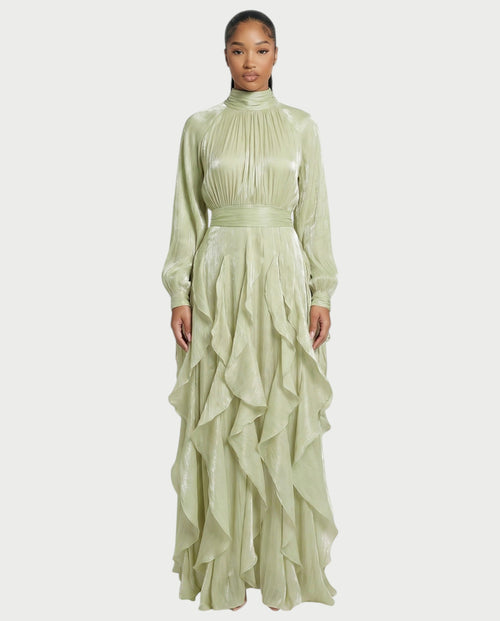 ELMA High-Neck Draped Ruffle Maxi Dress