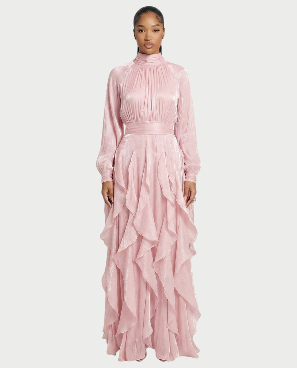 ELMA High-Neck Draped Ruffle Maxi Dress