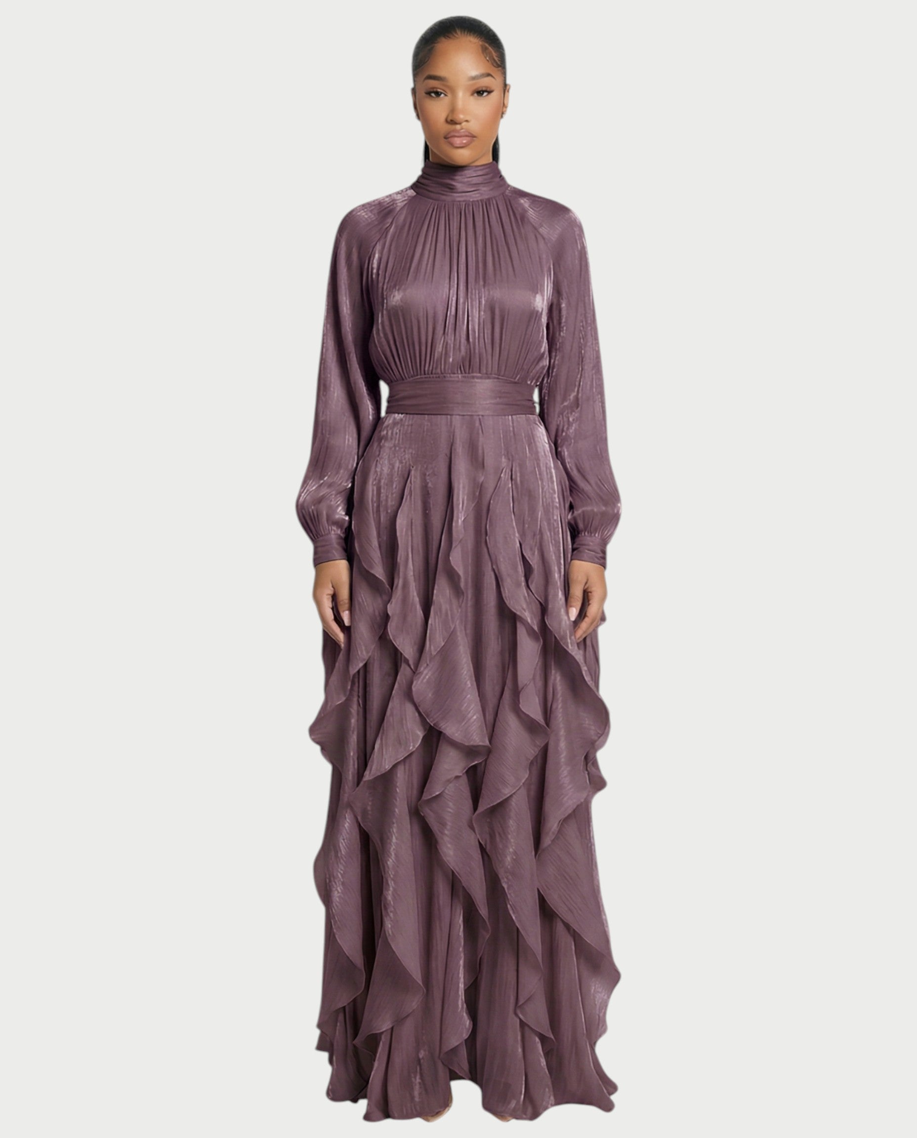 ELMA High-Neck Draped Ruffle Maxi Dress