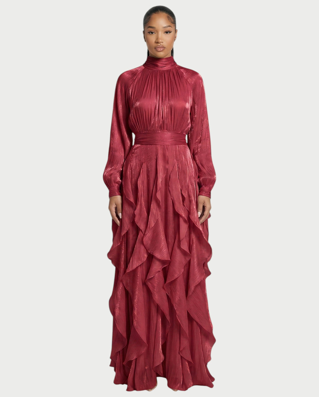 ELMA High-Neck Draped Ruffle Maxi Dress