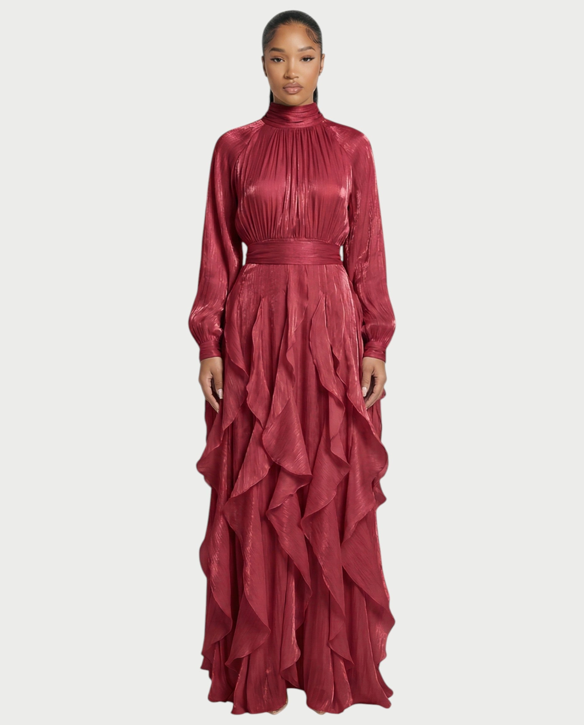 ELMA High-Neck Draped Ruffle Maxi Dress