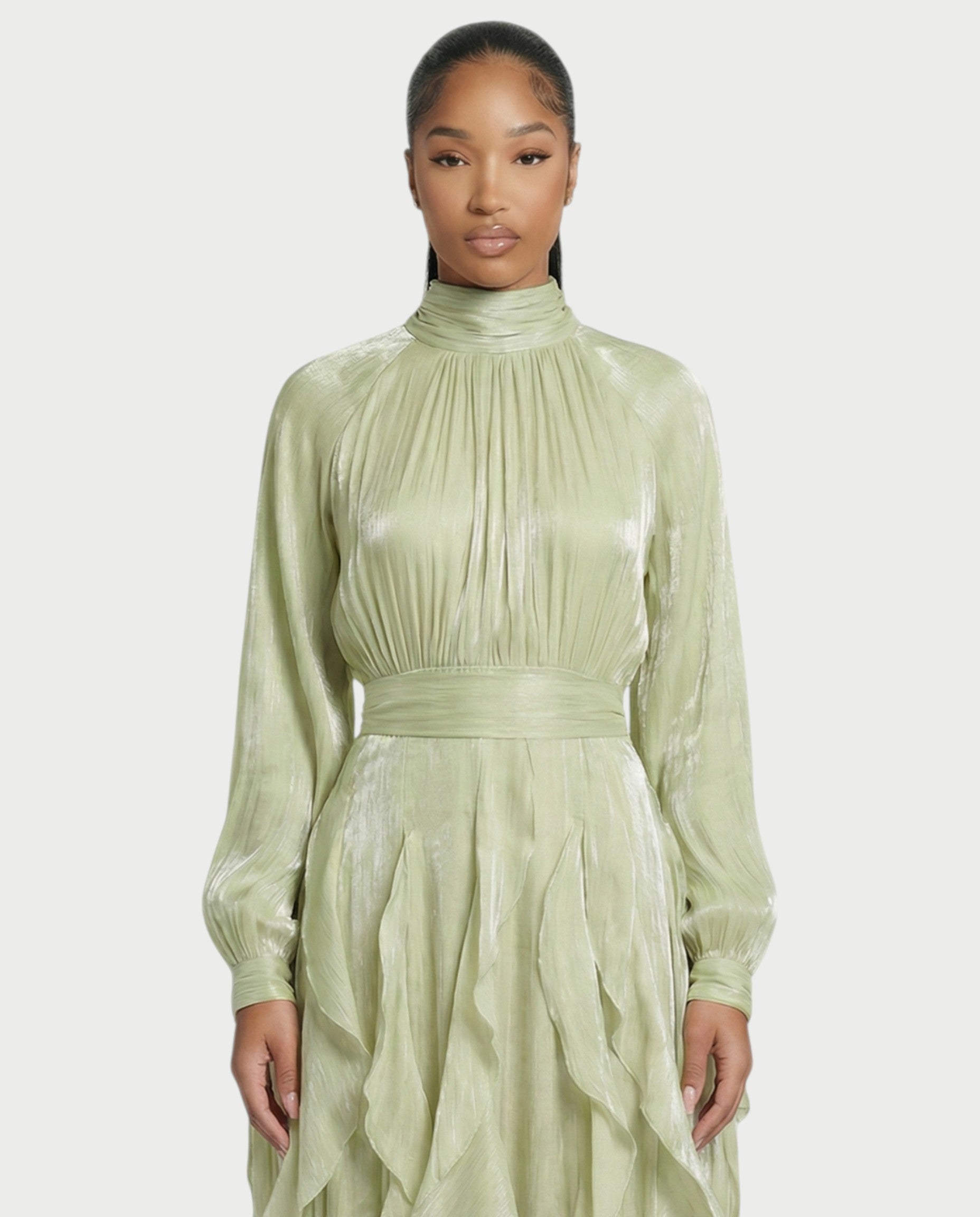 ELMA High-Neck Draped Ruffle Maxi Dress