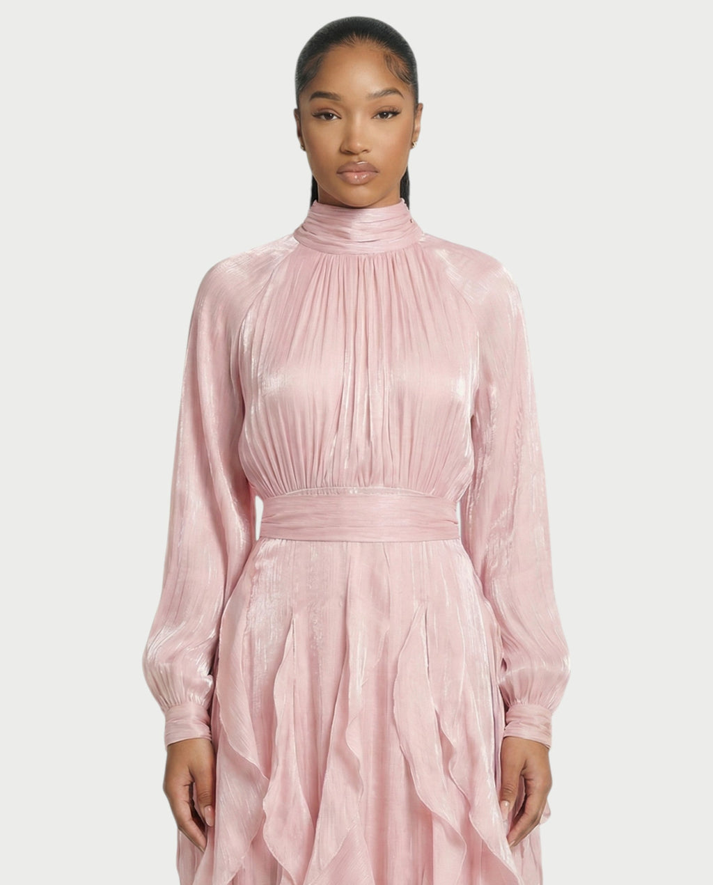 ELMA High-Neck Draped Ruffle Maxi Dress