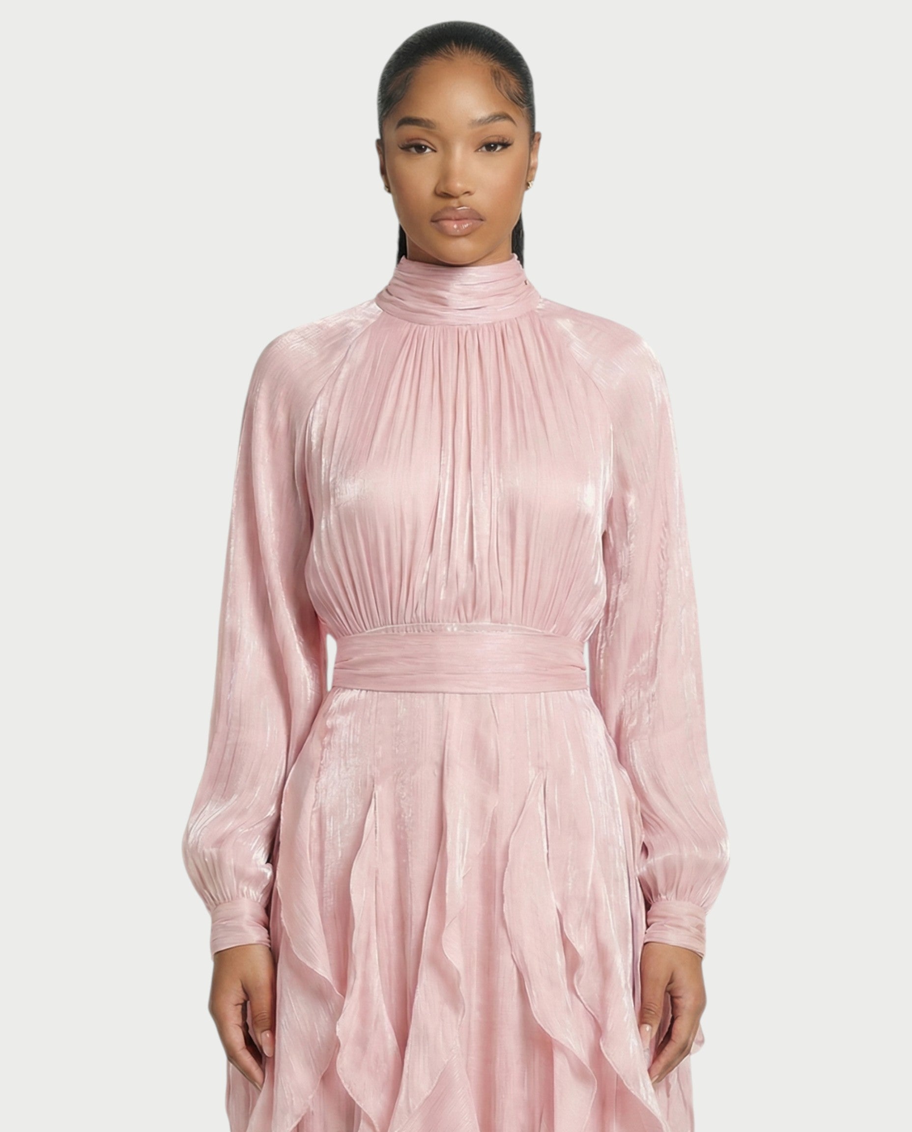 ELMA High-Neck Draped Ruffle Maxi Dress