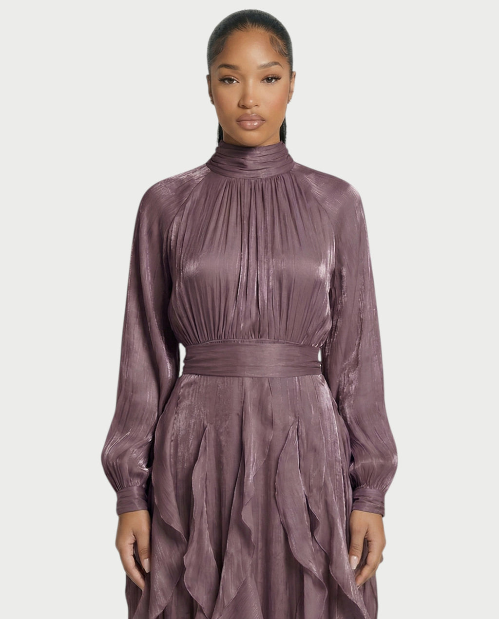 ELMA High-Neck Draped Ruffle Maxi Dress