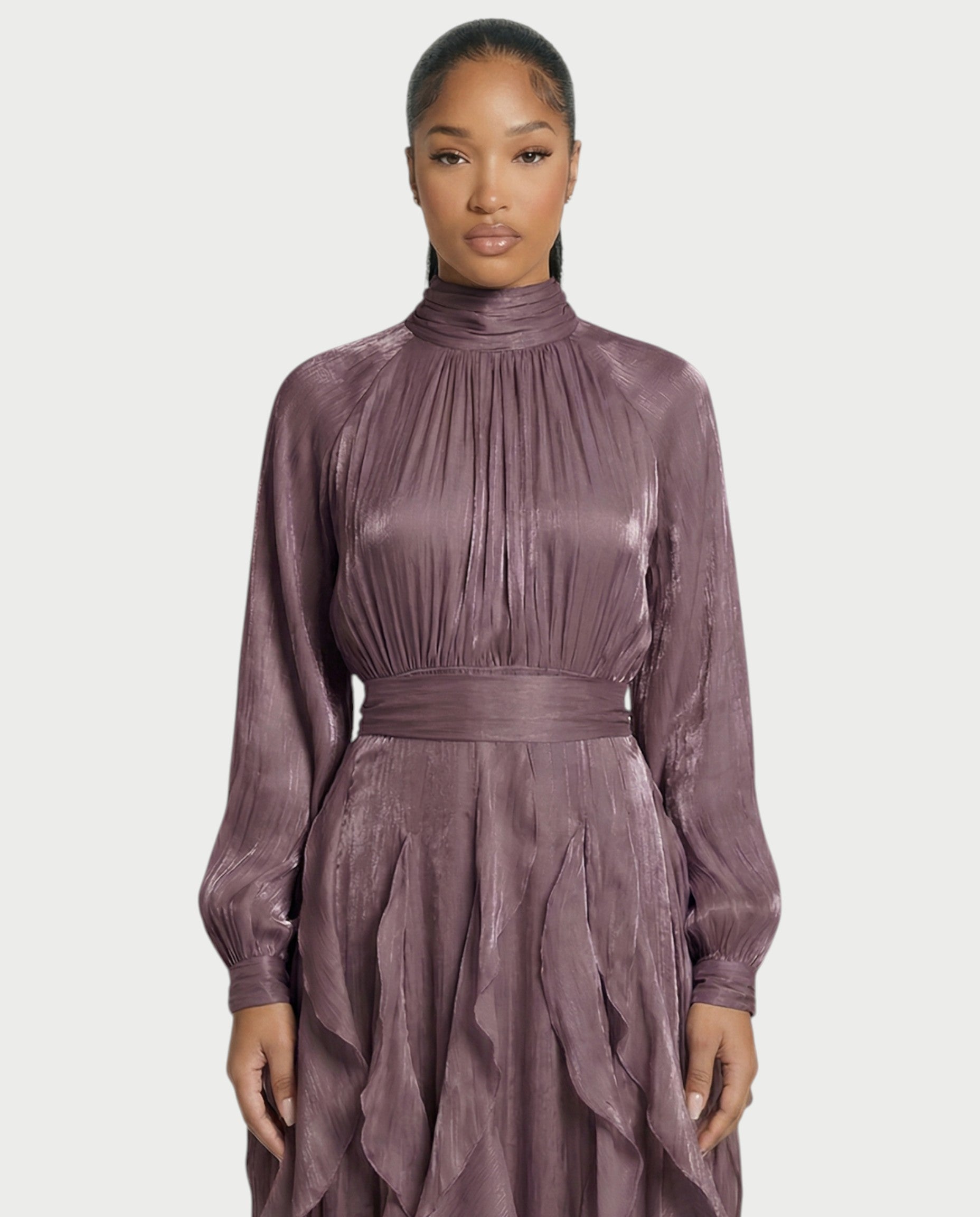 ELMA High-Neck Draped Ruffle Maxi Dress