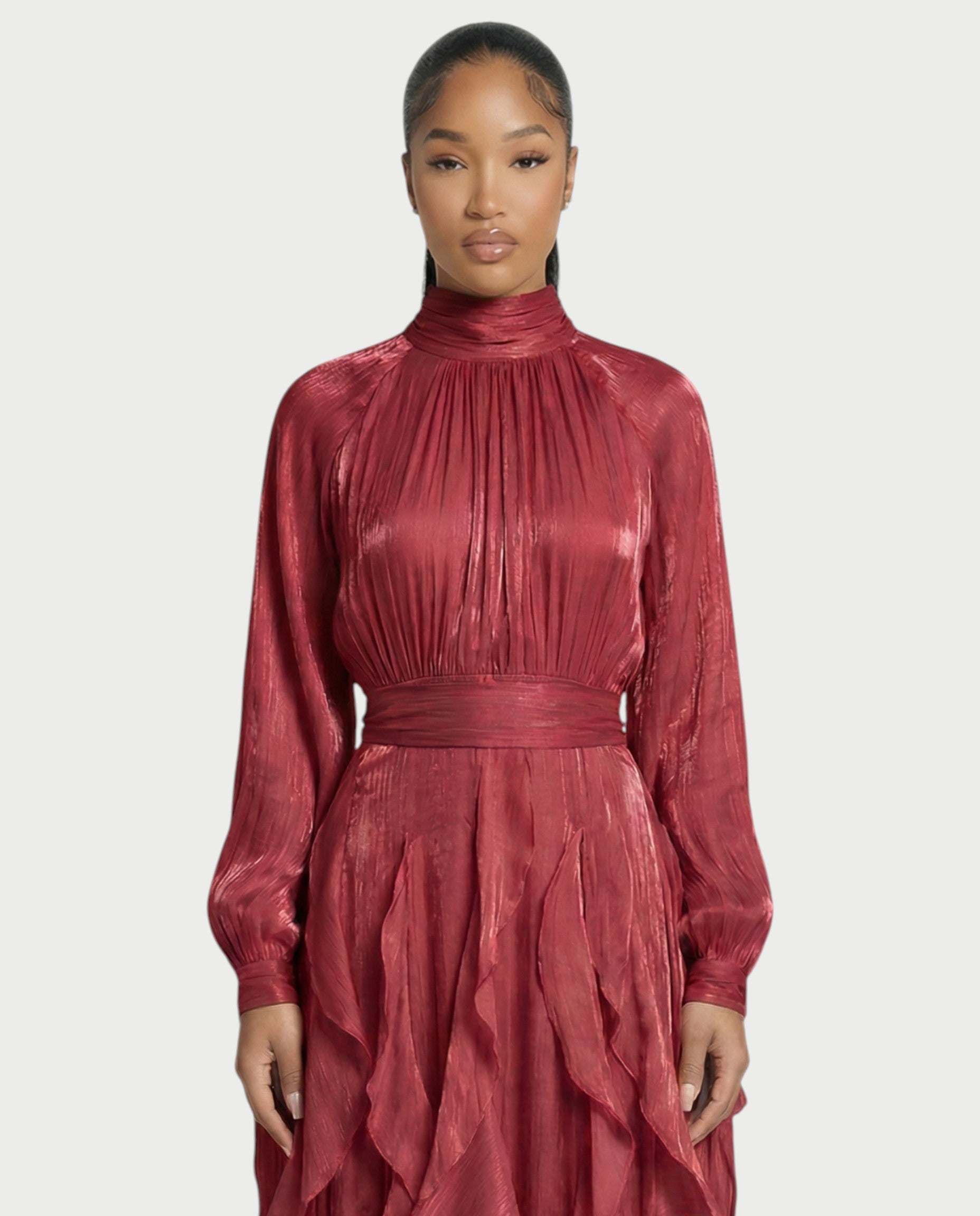 ELMA High-Neck Draped Ruffle Maxi Dress
