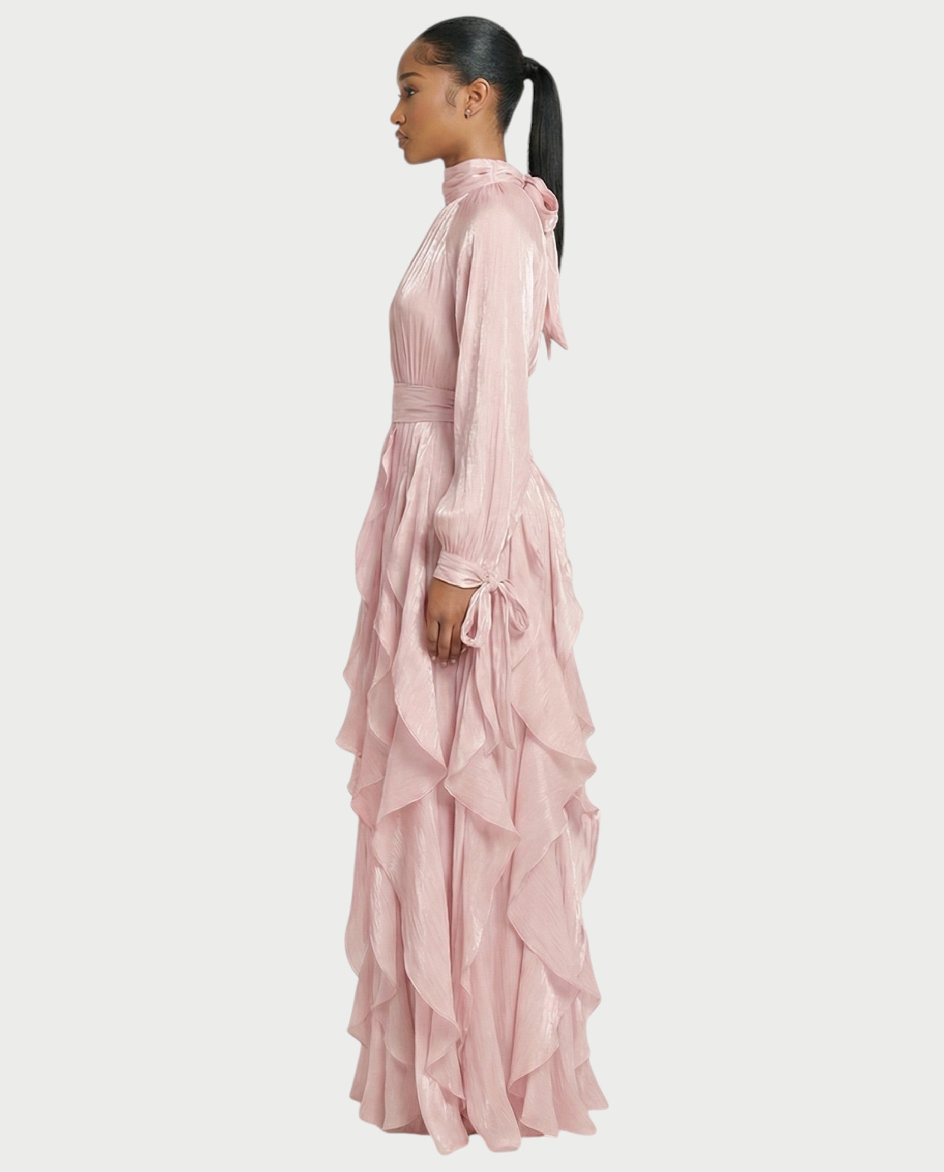 ELMA High-Neck Draped Ruffle Maxi Dress