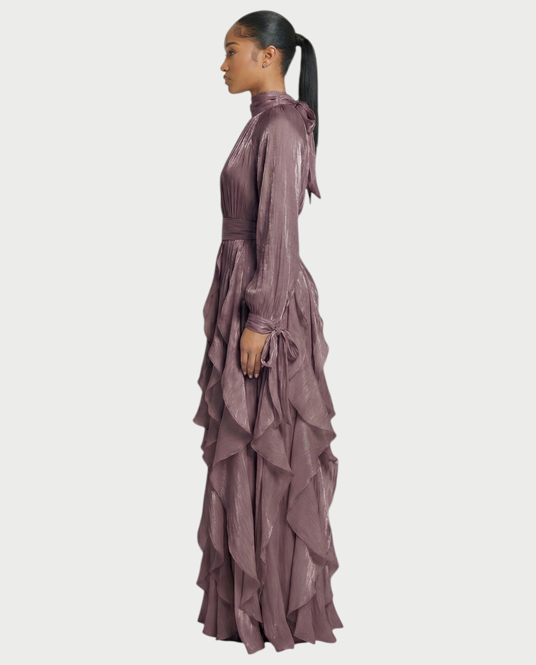 ELMA High-Neck Draped Ruffle Maxi Dress