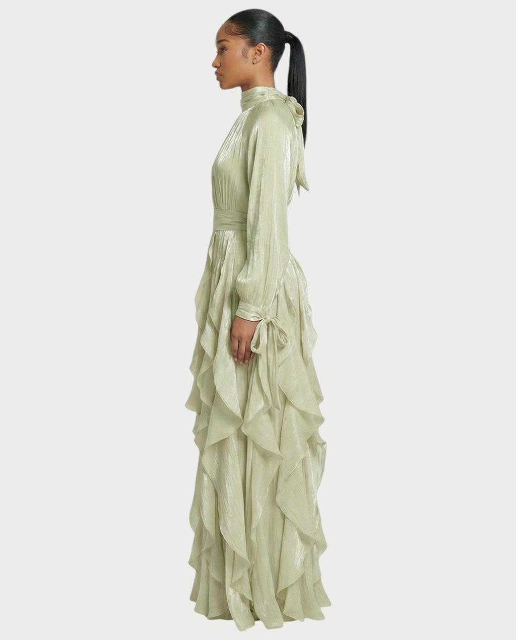 ELMA High-Neck Draped Ruffle Maxi Dress