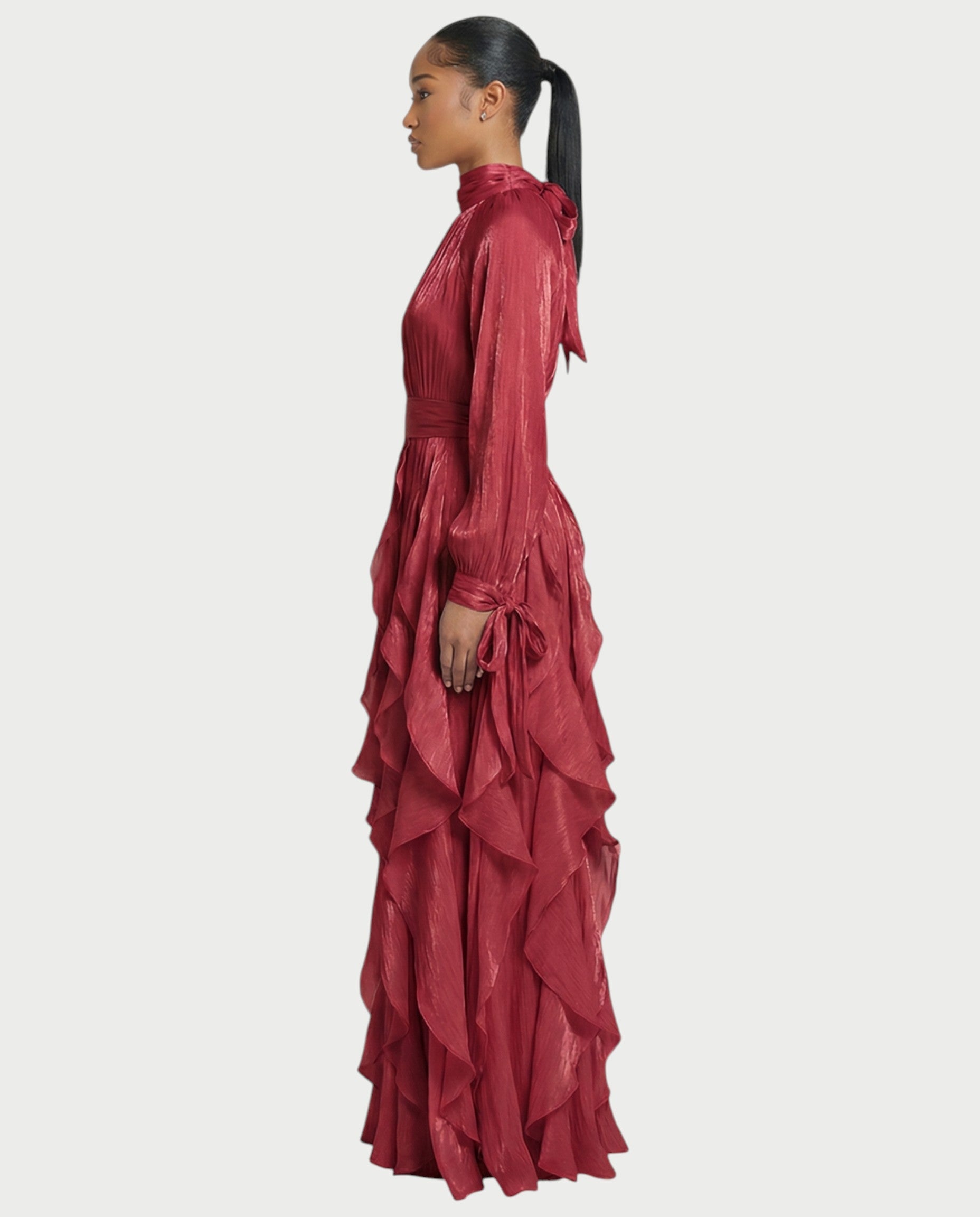 ELMA High-Neck Draped Ruffle Maxi Dress